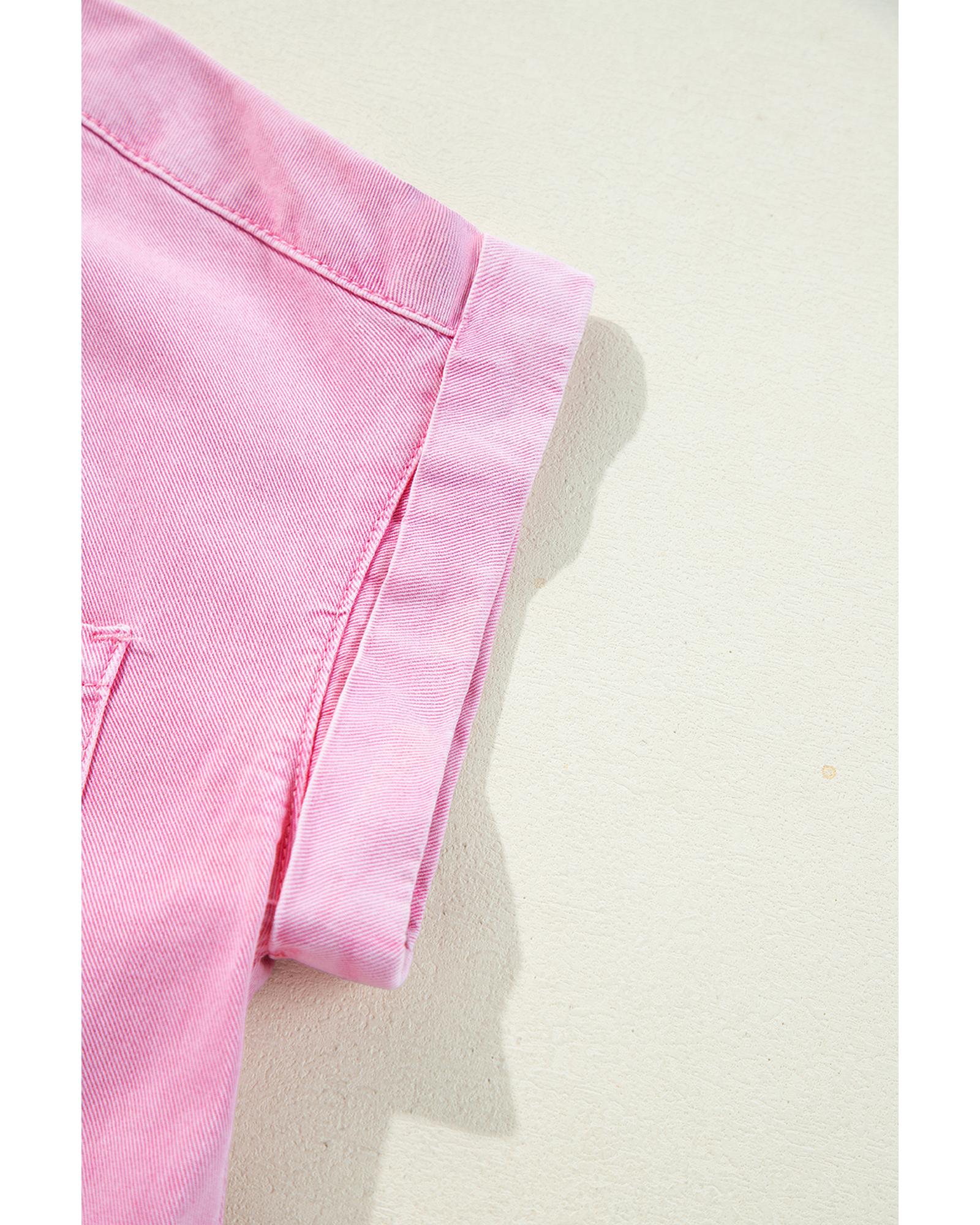 Pink Short Sleeve Double Chest Pocket Denim Shirt Dress - M