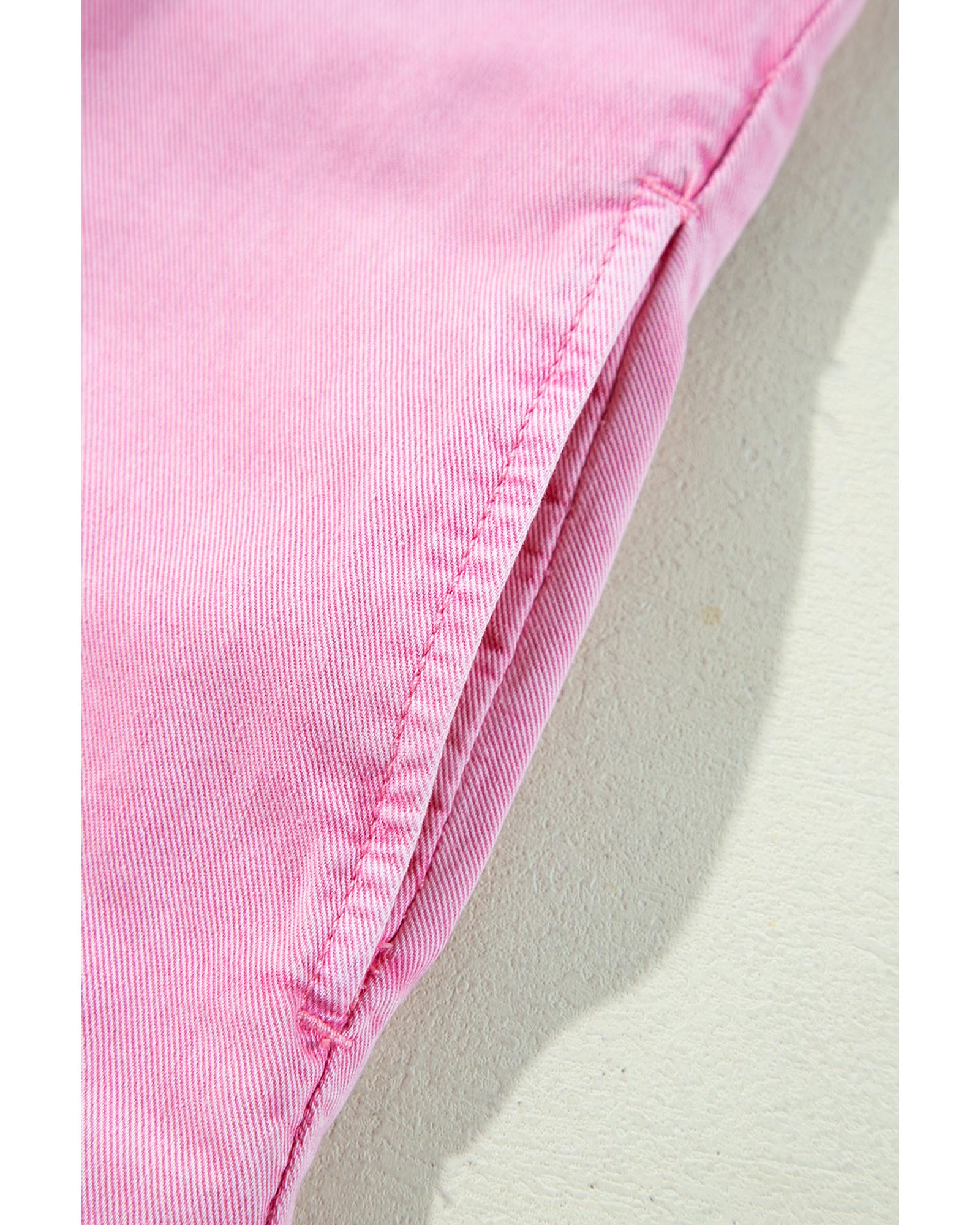 Pink Short Sleeve Double Chest Pocket Denim Shirt Dress - M