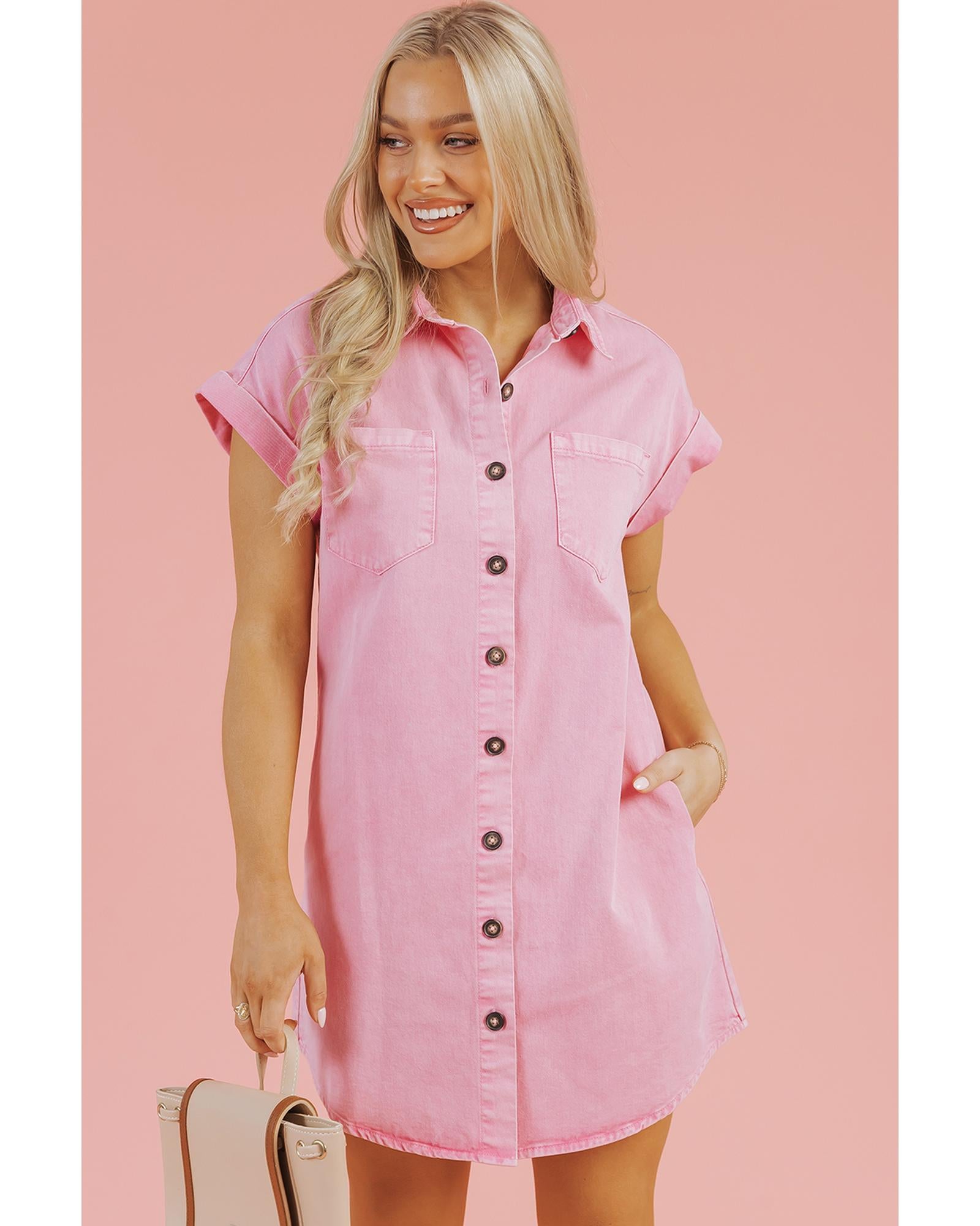 Pink Short Sleeve Double Chest Pocket Denim Shirt Dress - M
