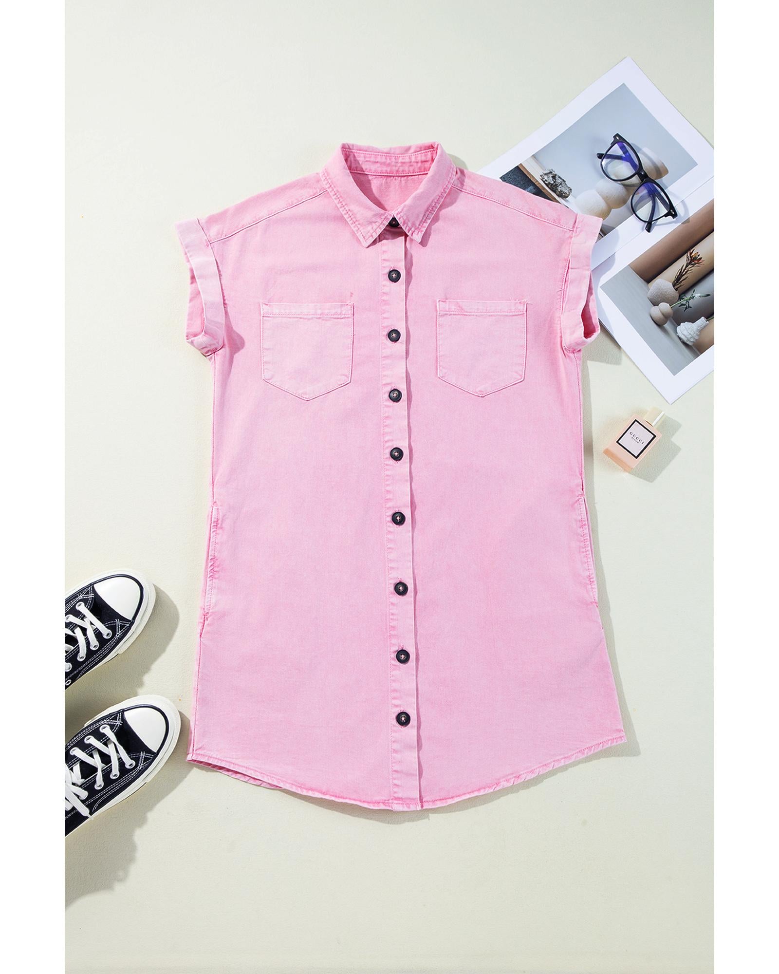 Pink Short Sleeve Double Chest Pocket Denim Shirt Dress - S