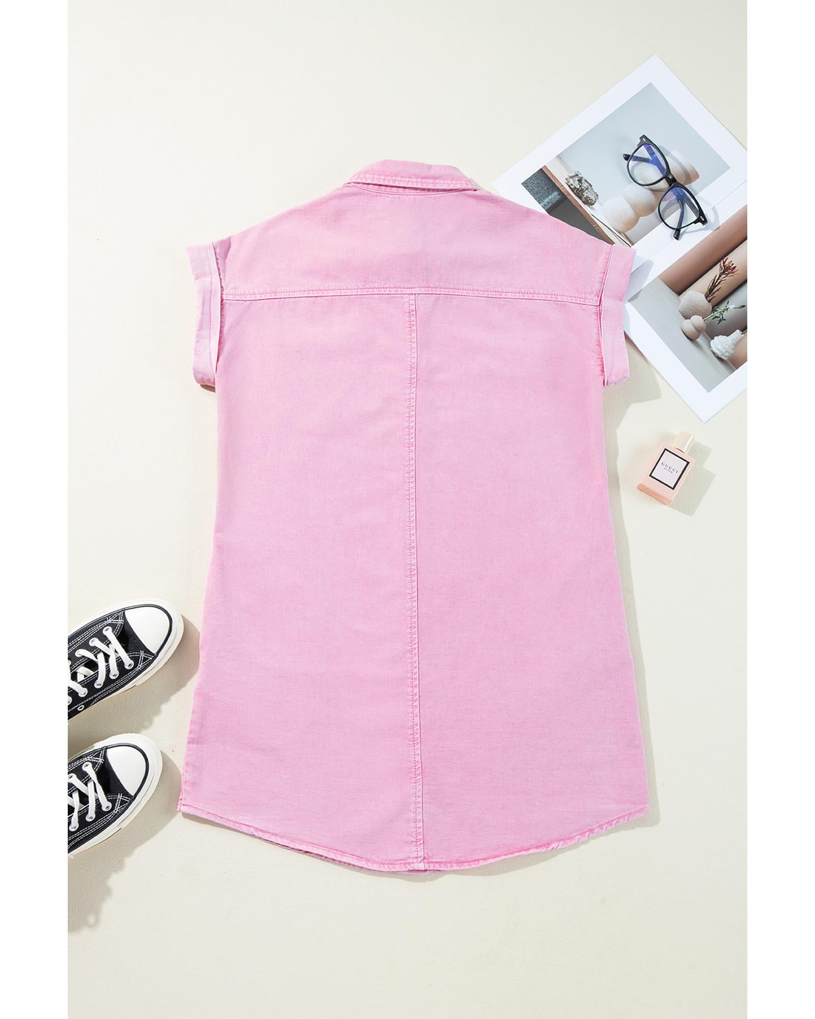 Pink Short Sleeve Double Chest Pocket Denim Shirt Dress - S