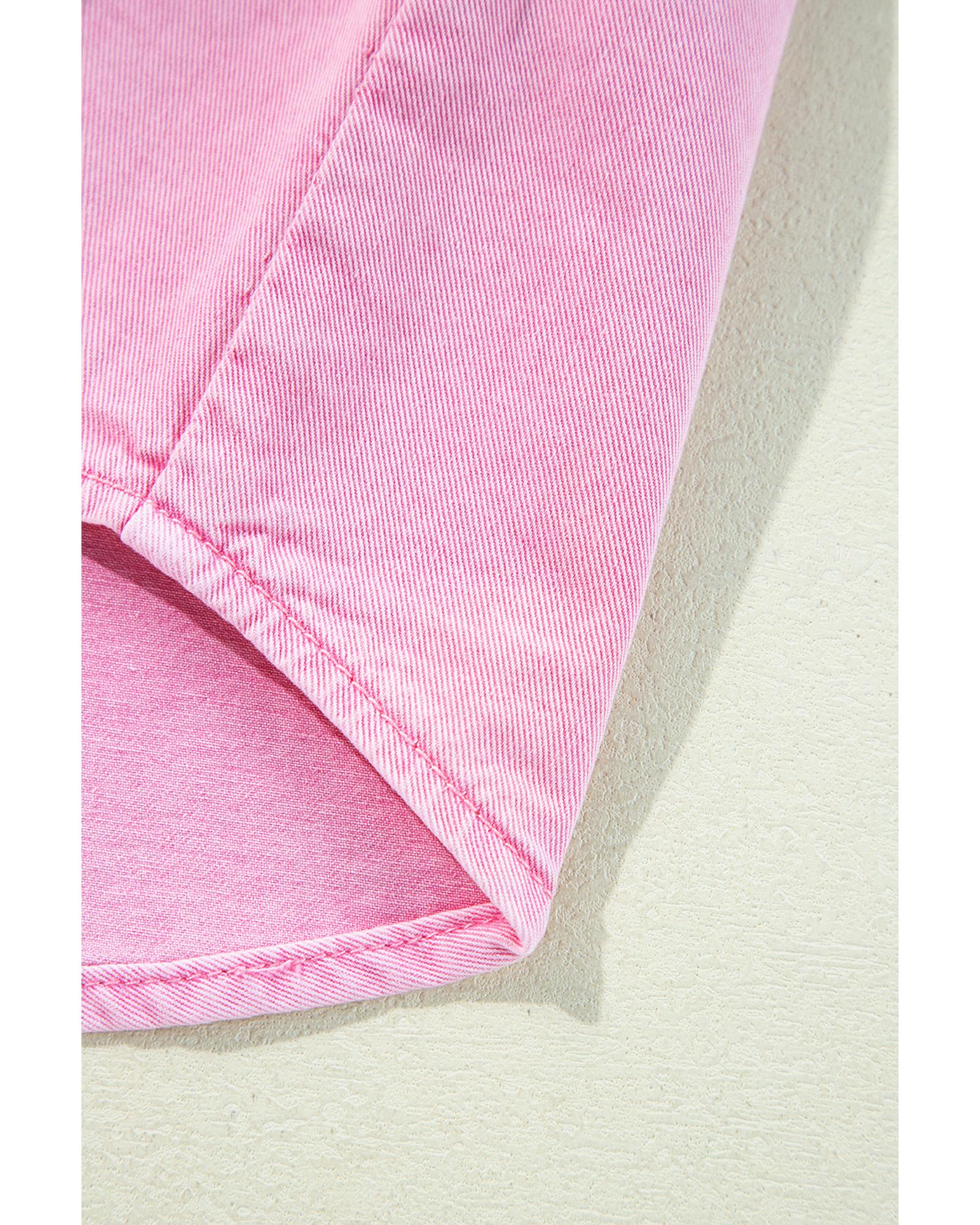 Pink Short Sleeve Double Chest Pocket Denim Shirt Dress - S