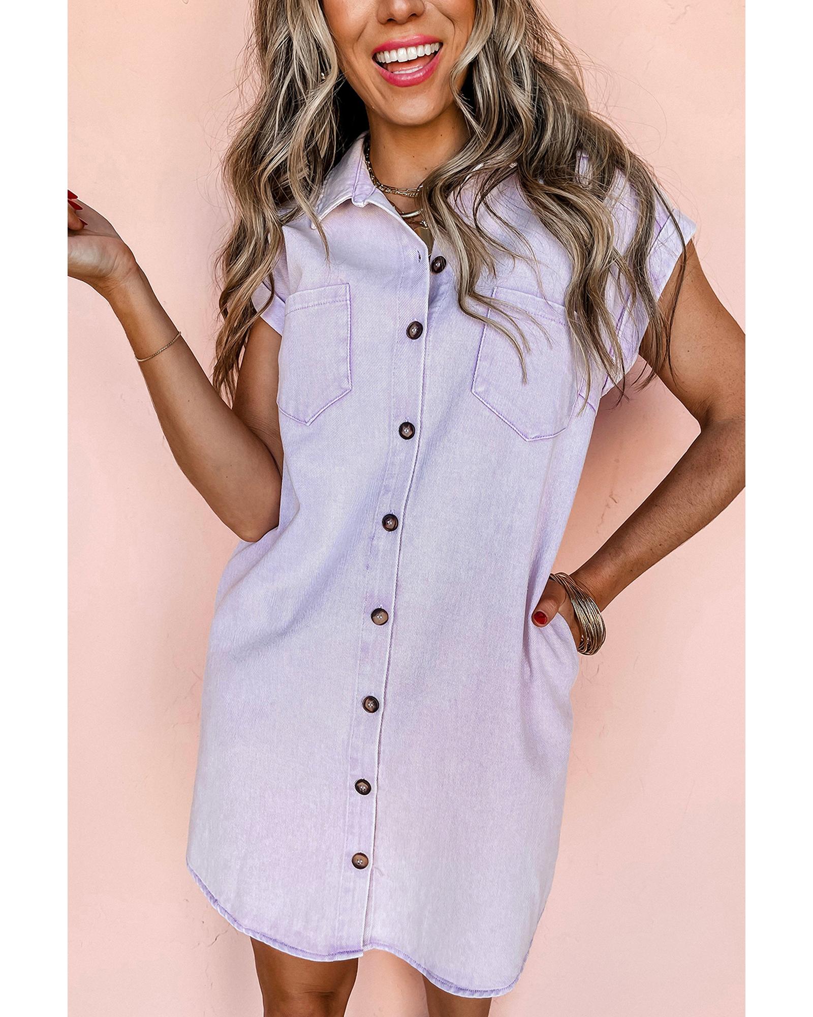 Orchid Petal Short Sleeve Double Chest Pocket Denim Shirt Dress - L