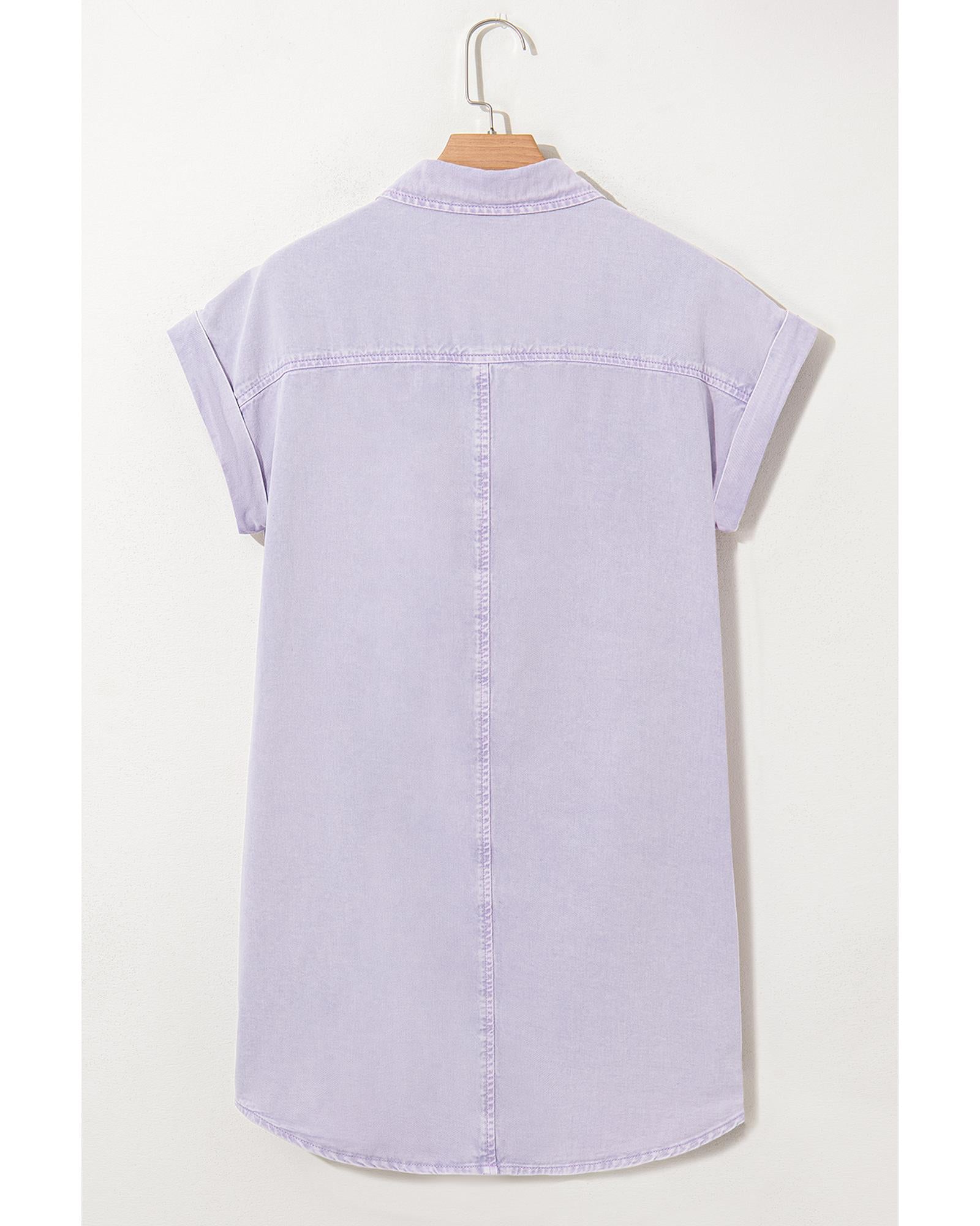 Orchid Petal Short Sleeve Double Chest Pocket Denim Shirt Dress - L