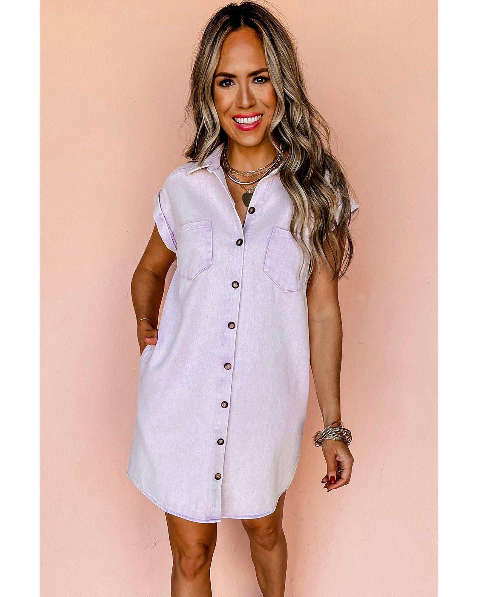 Orchid Petal Short Sleeve Double Chest Pocket Denim Shirt Dress - M