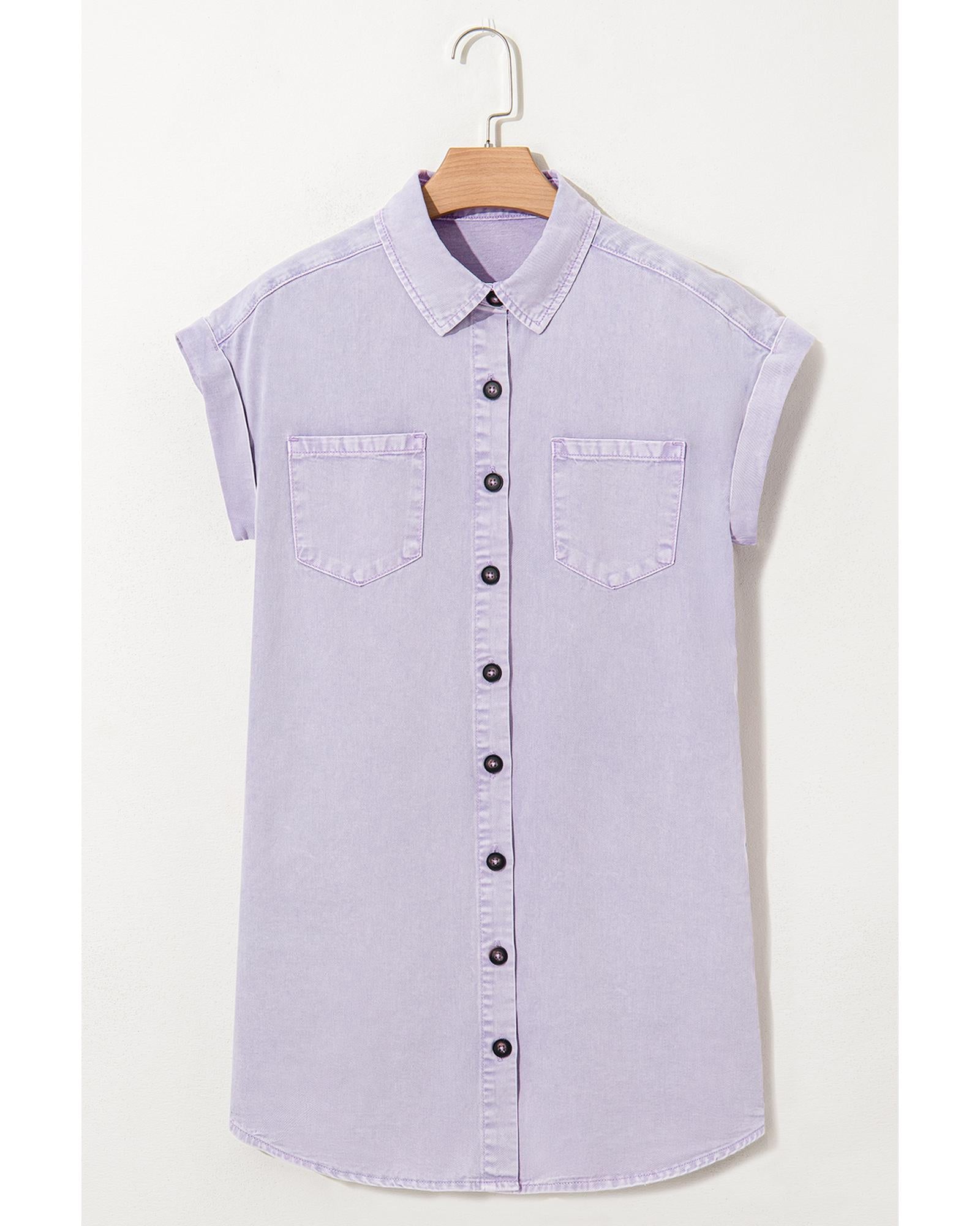 Orchid Petal Short Sleeve Double Chest Pocket Denim Shirt Dress - M