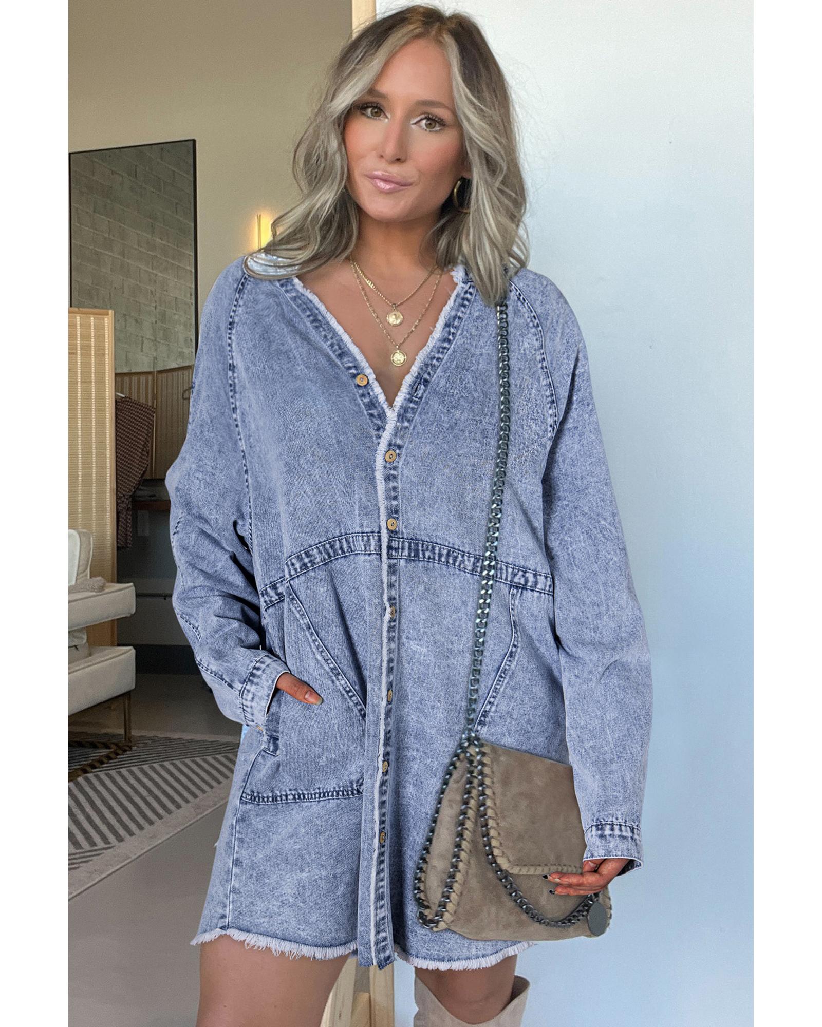 Beau Blue Mineral Wash Long Sleeve Button Up Raw Hem Pocketed Denim Dress - L