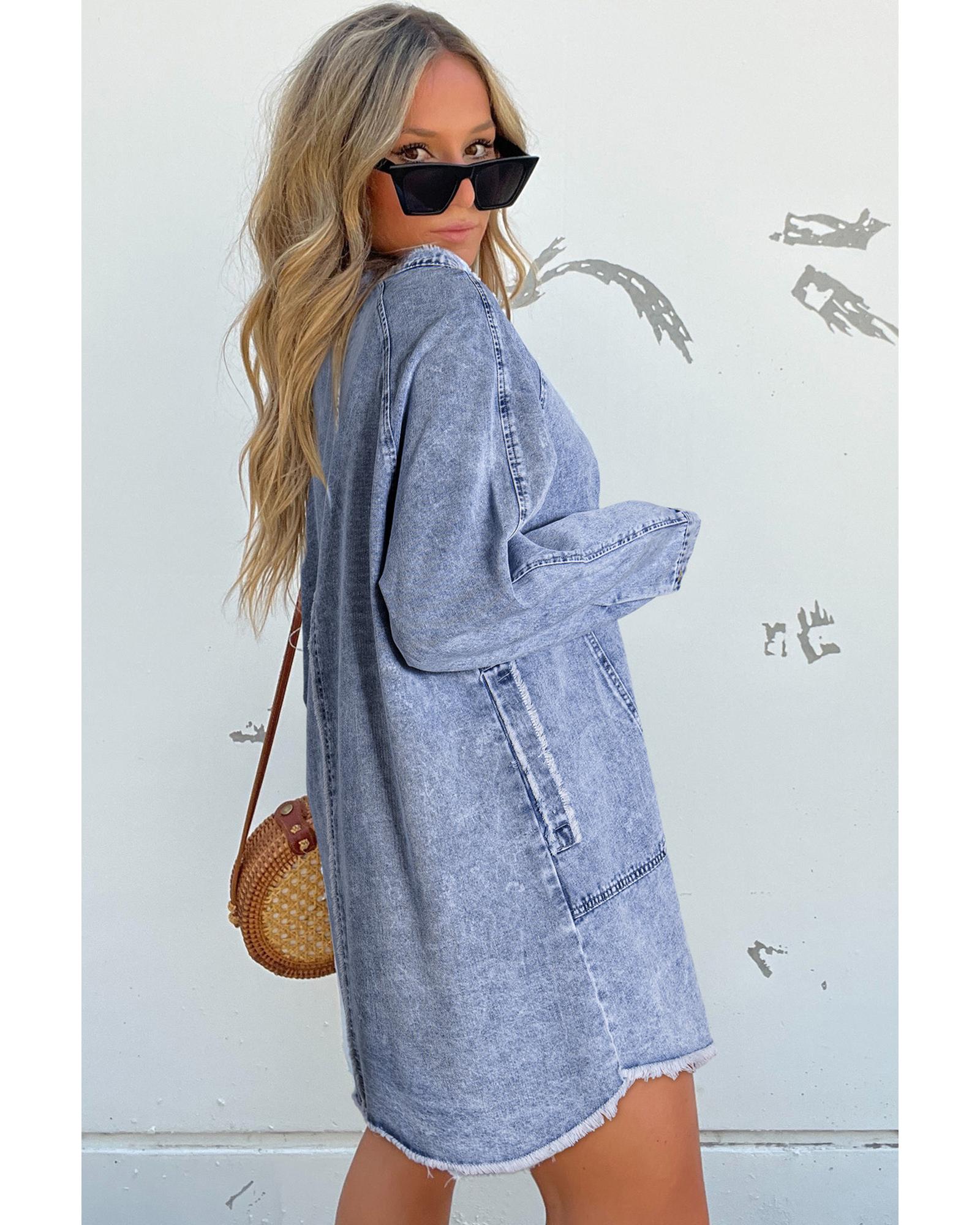 Beau Blue Mineral Wash Long Sleeve Button Up Raw Hem Pocketed Denim Dress - S