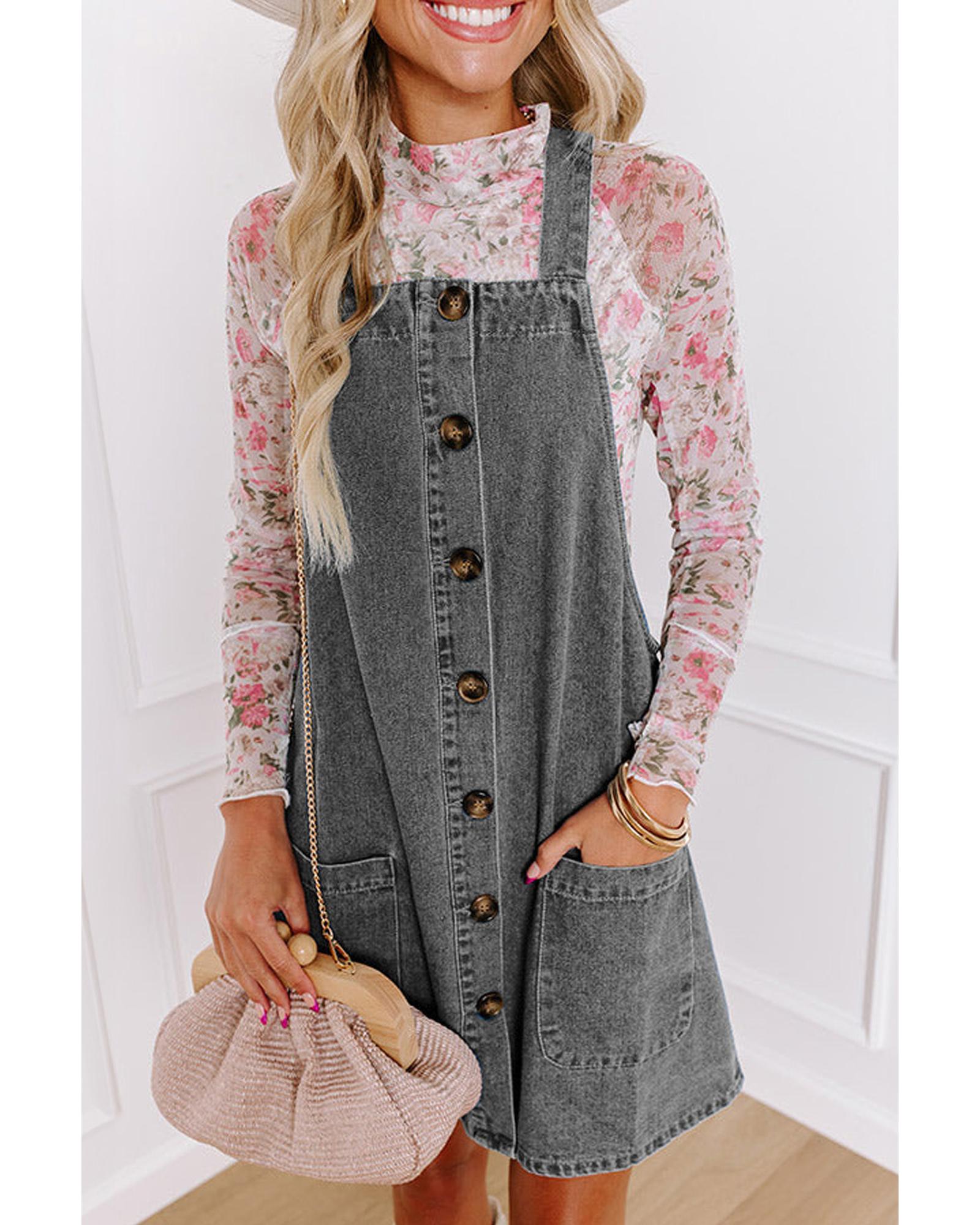 Medium Grey Wide Strap Button Front Pocketed Denim Mini Dress - S