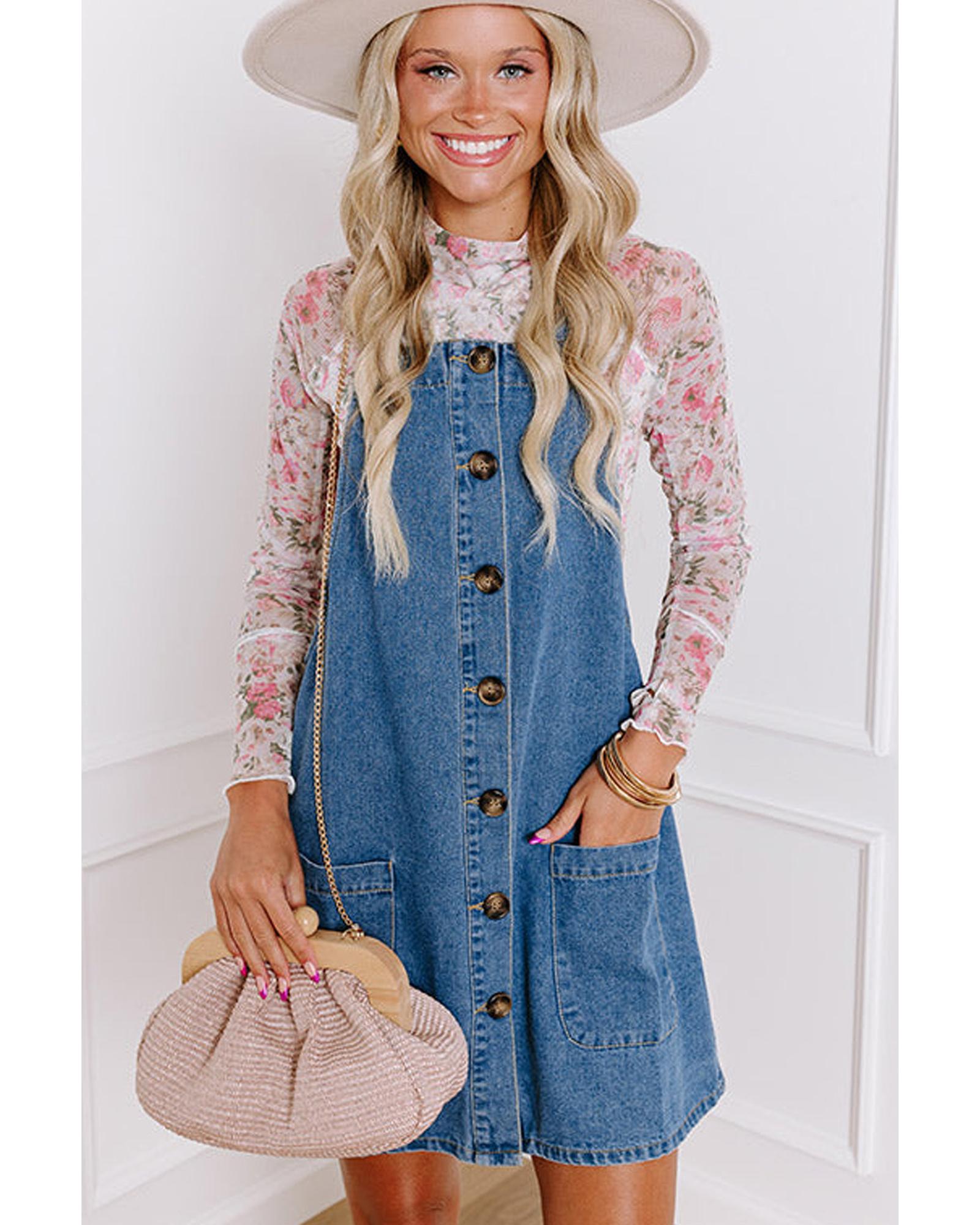 Dusk Blue Wide Strap Button Front Pocketed Denim Mini Dress - L