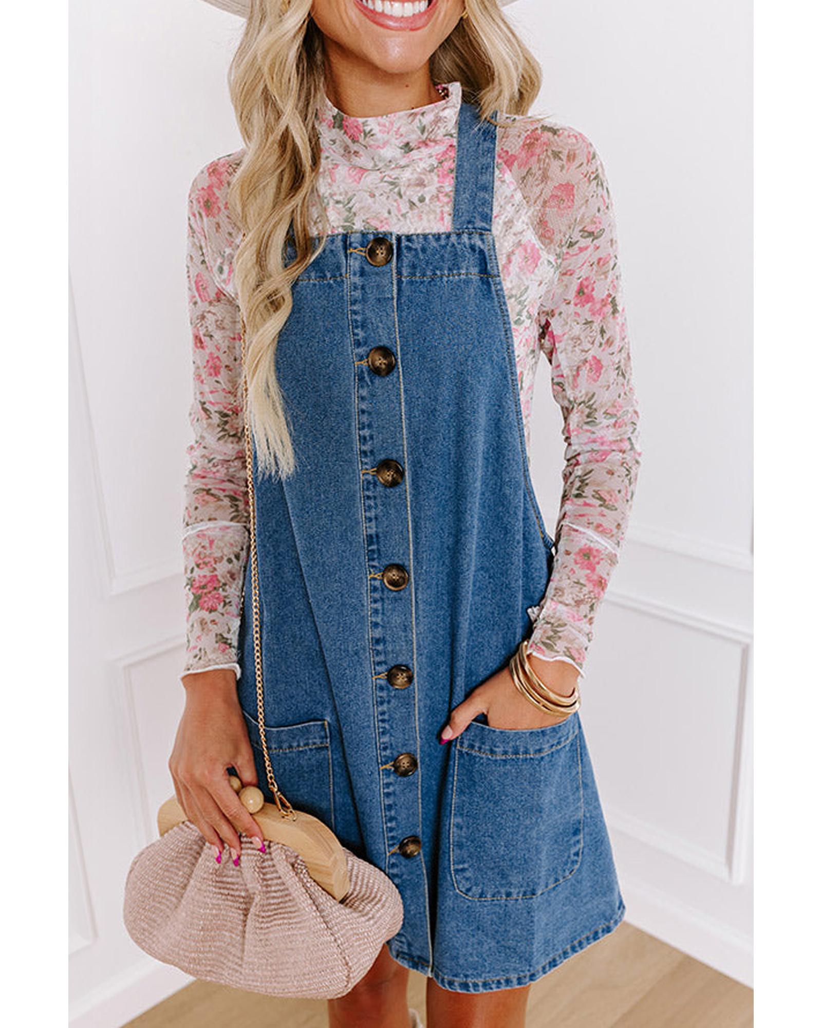 Dusk Blue Wide Strap Button Front Pocketed Denim Mini Dress - M