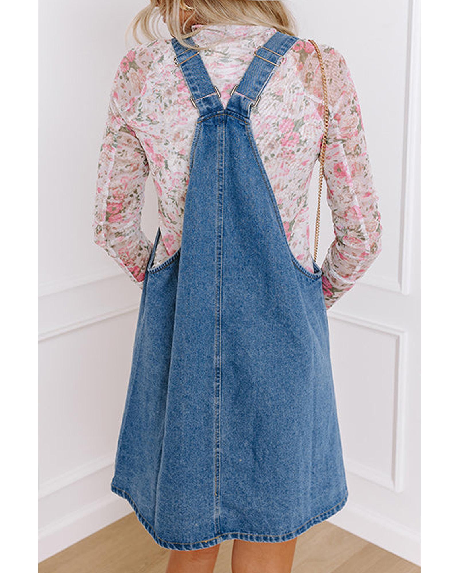 Dusk Blue Wide Strap Button Front Pocketed Denim Mini Dress - XL