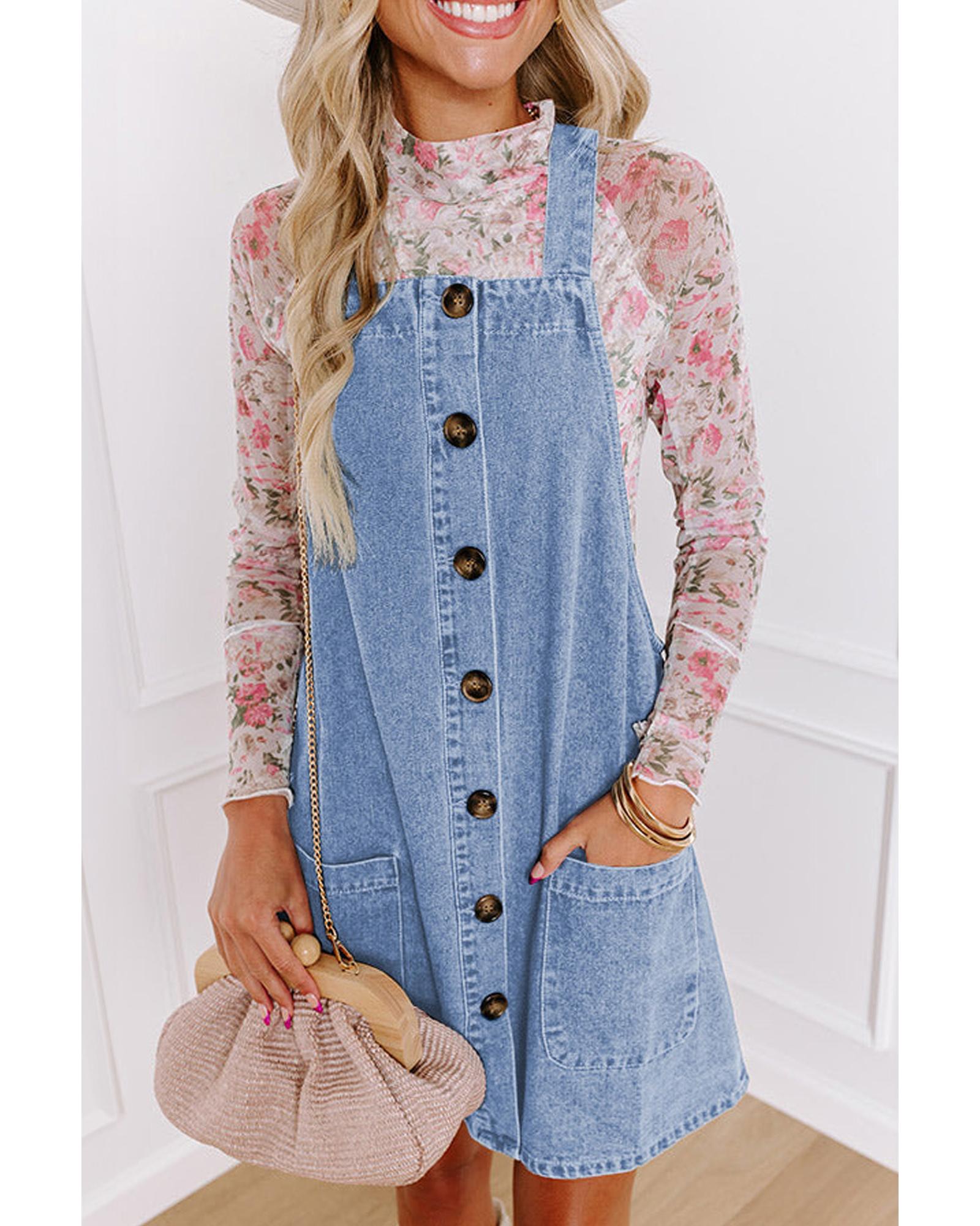 Beau Blue Wide Strap Button Front Pocketed Denim Mini Dress - XL