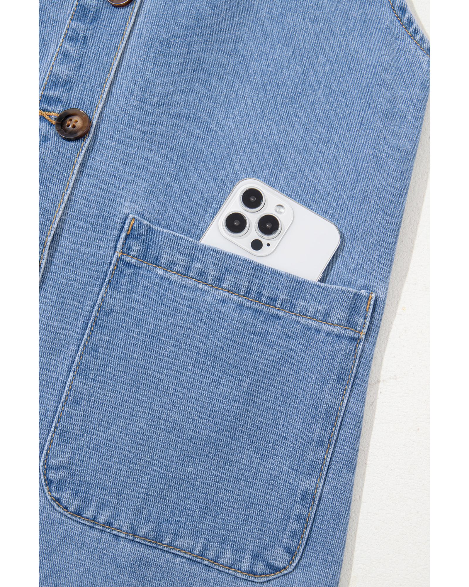 Beau Blue Wide Strap Button Front Pocketed Denim Mini Dress - XL