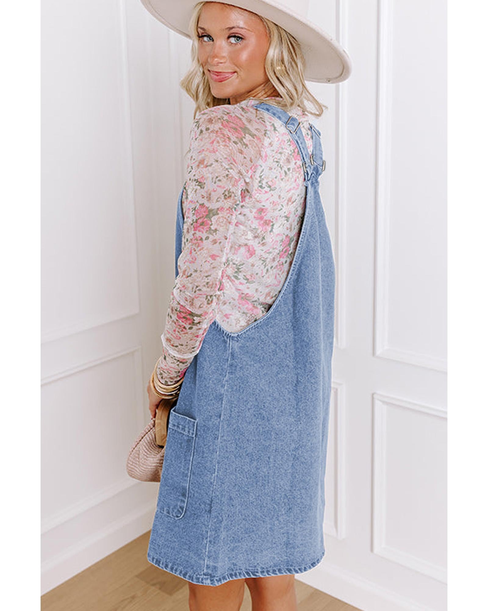 Beau Blue Wide Strap Button Front Pocketed Denim Mini Dress - XL