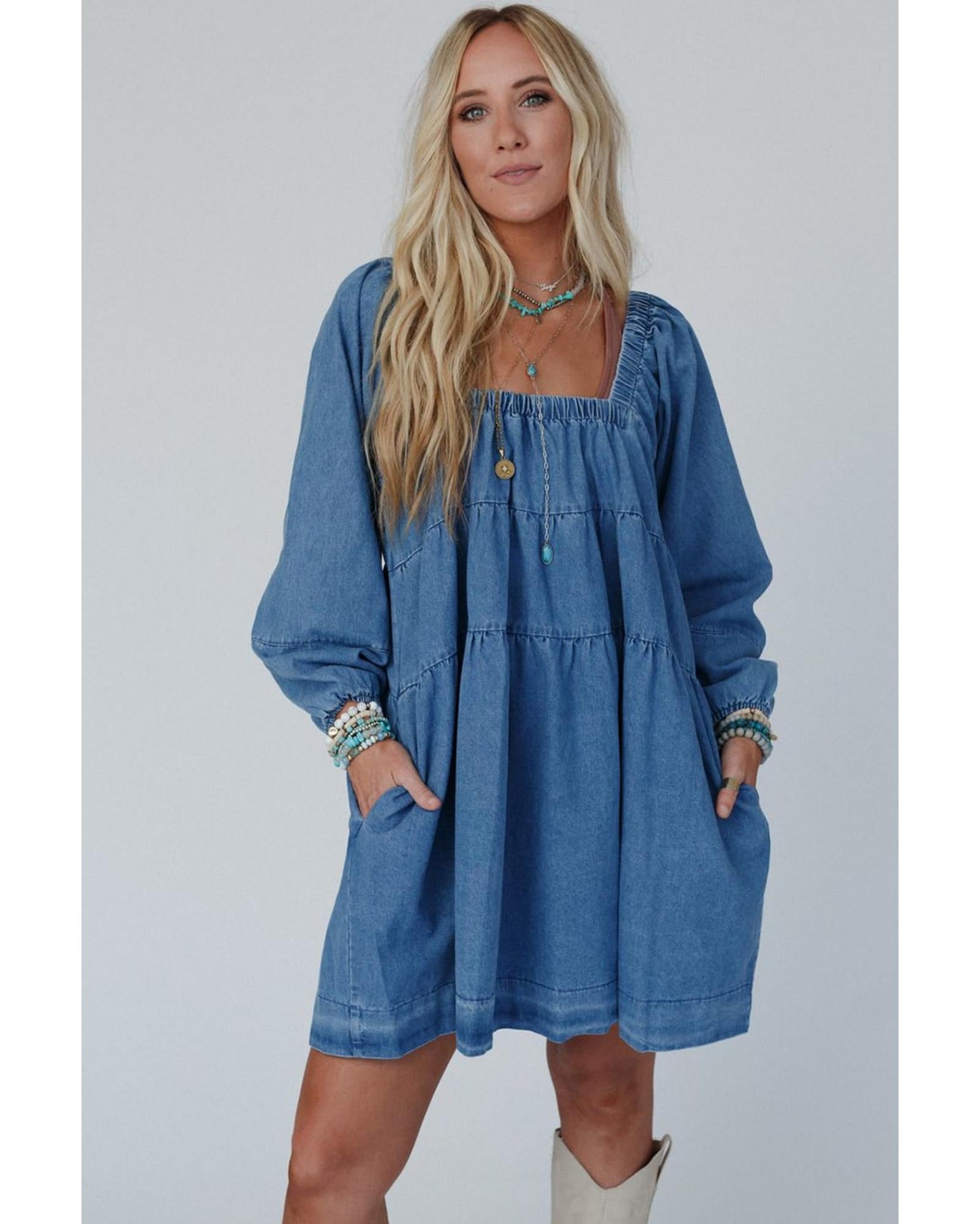 Dusk Blue Square Neck Side Pockets Loose Fit Denim Mini Dress - L