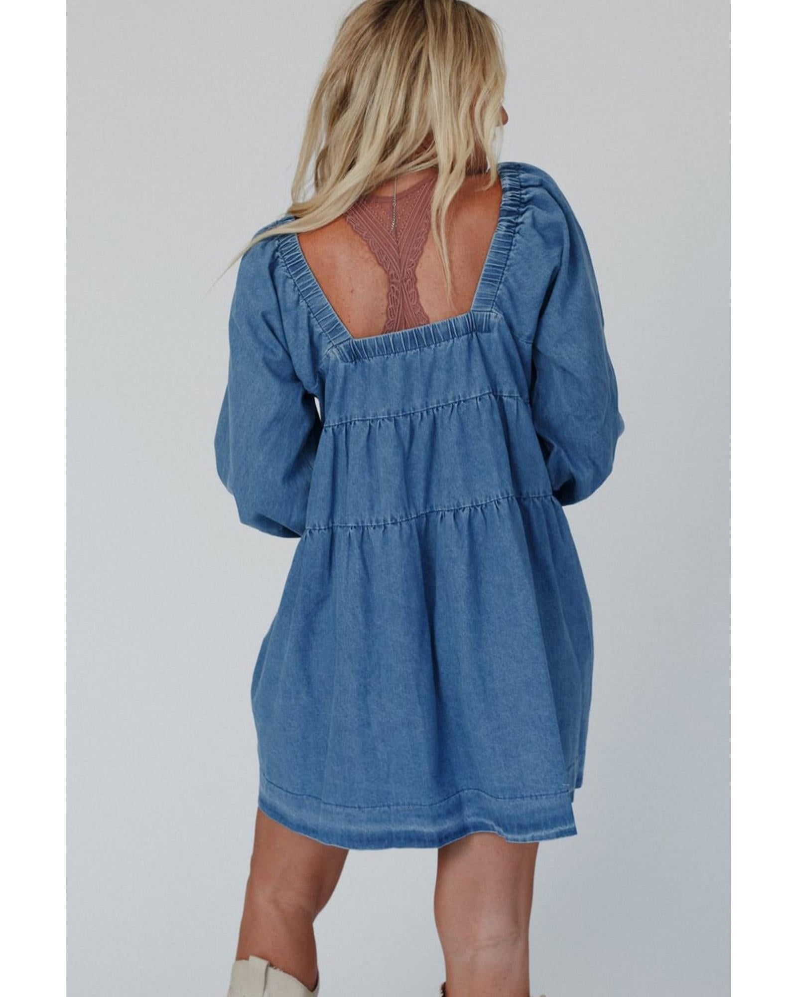 Dusk Blue Square Neck Side Pockets Loose Fit Denim Mini Dress - L