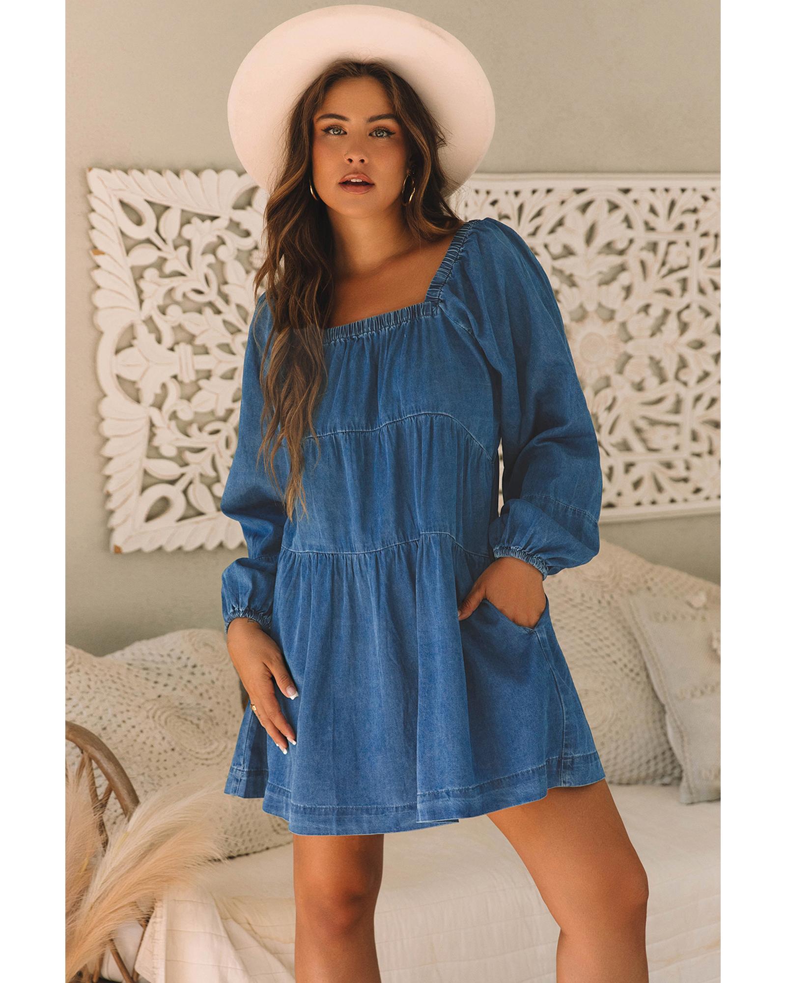 Dusk Blue Square Neck Side Pockets Loose Fit Denim Mini Dress - L