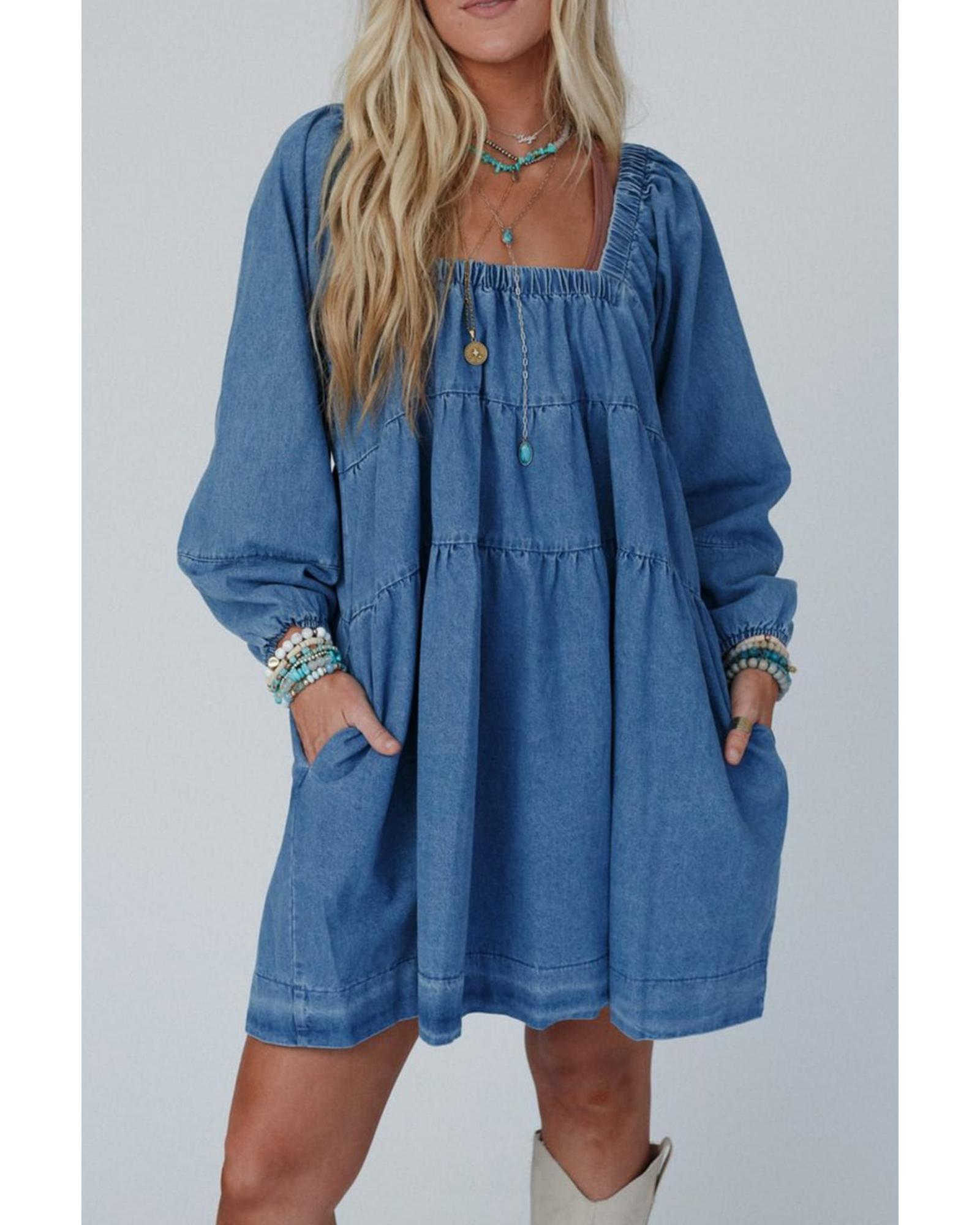 Dusk Blue Square Neck Side Pockets Loose Fit Denim Mini Dress - M
