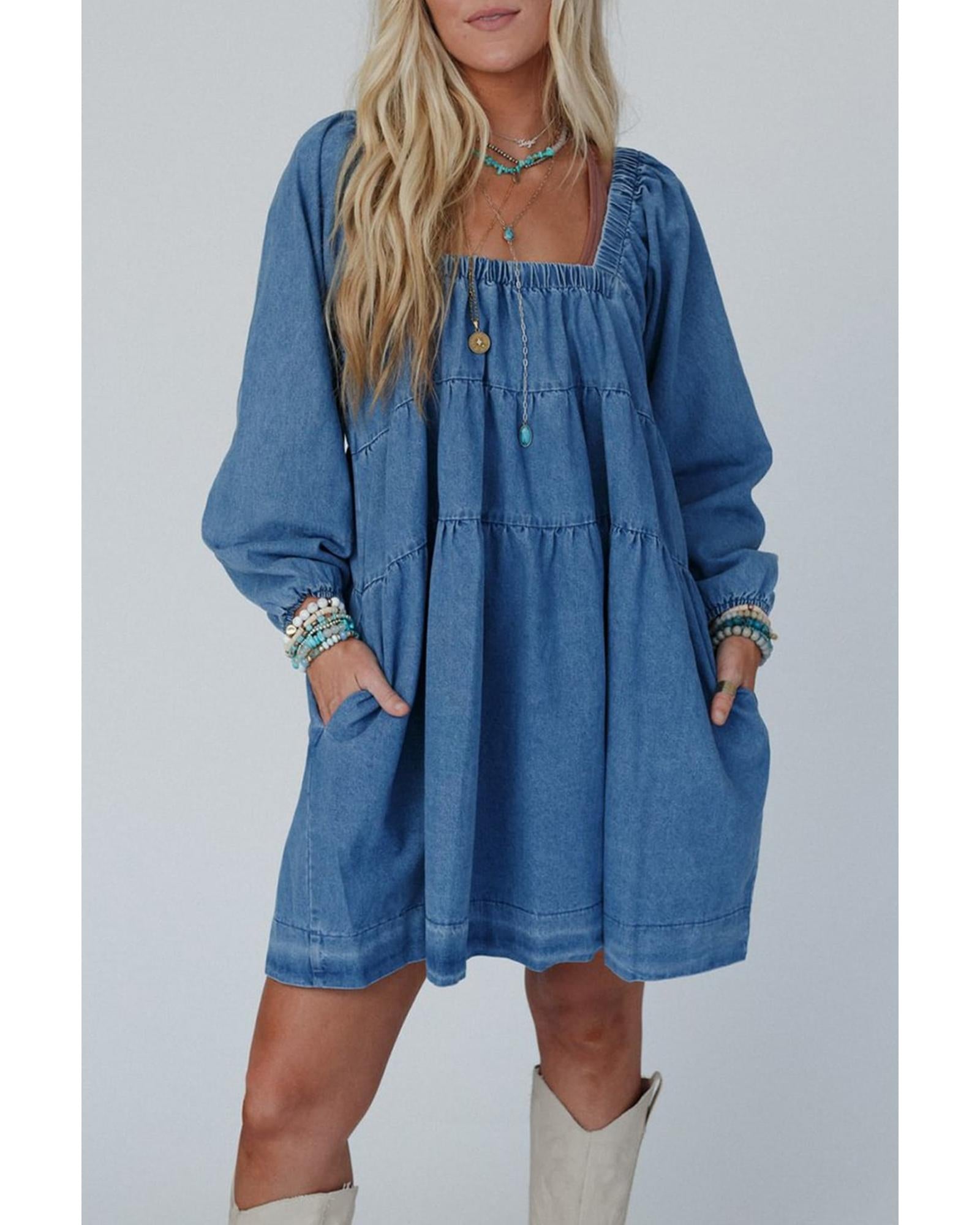 Dusk Blue Square Neck Side Pockets Loose Fit Denim Mini Dress - M