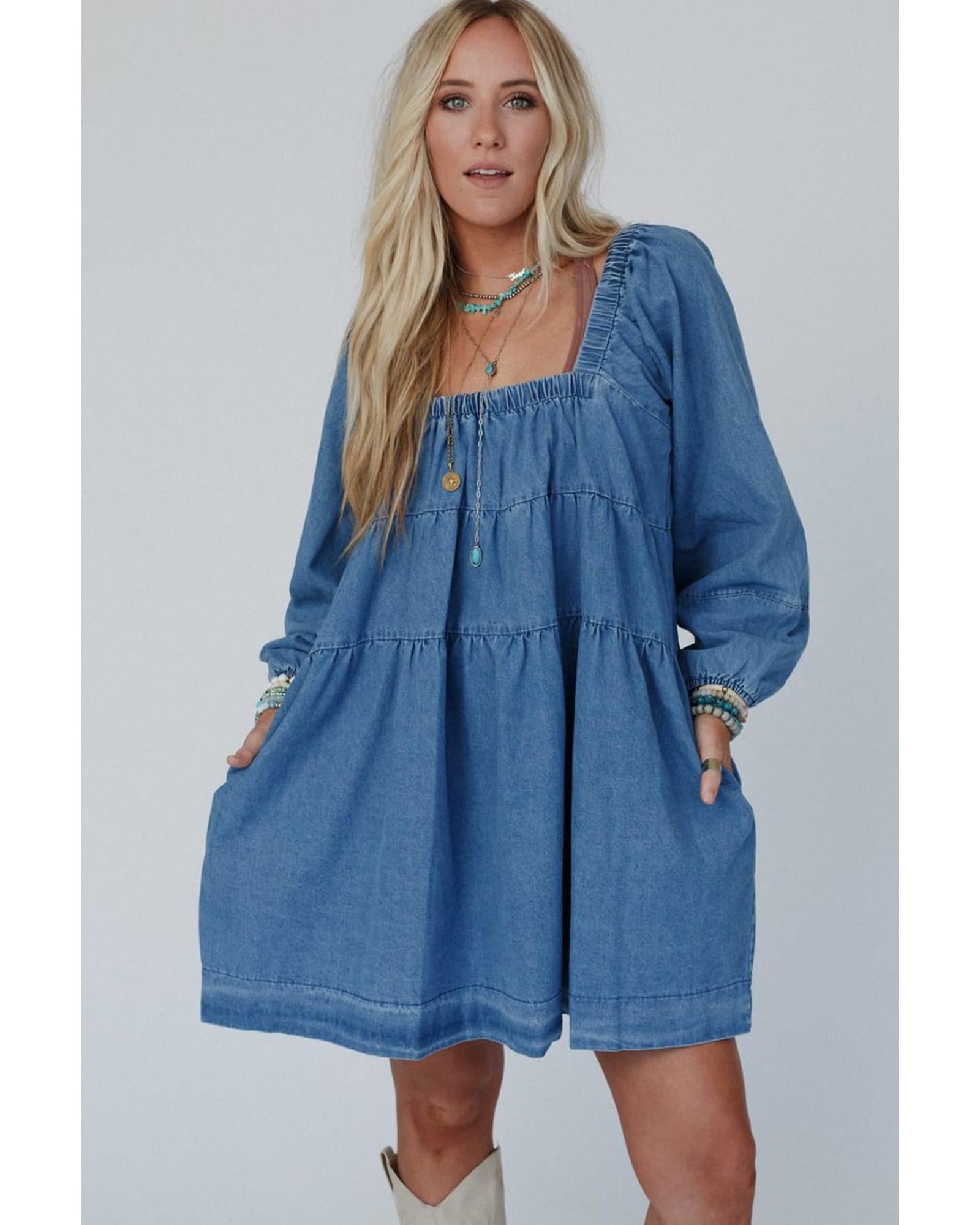 Dusk Blue Square Neck Side Pockets Loose Fit Denim Mini Dress - XL