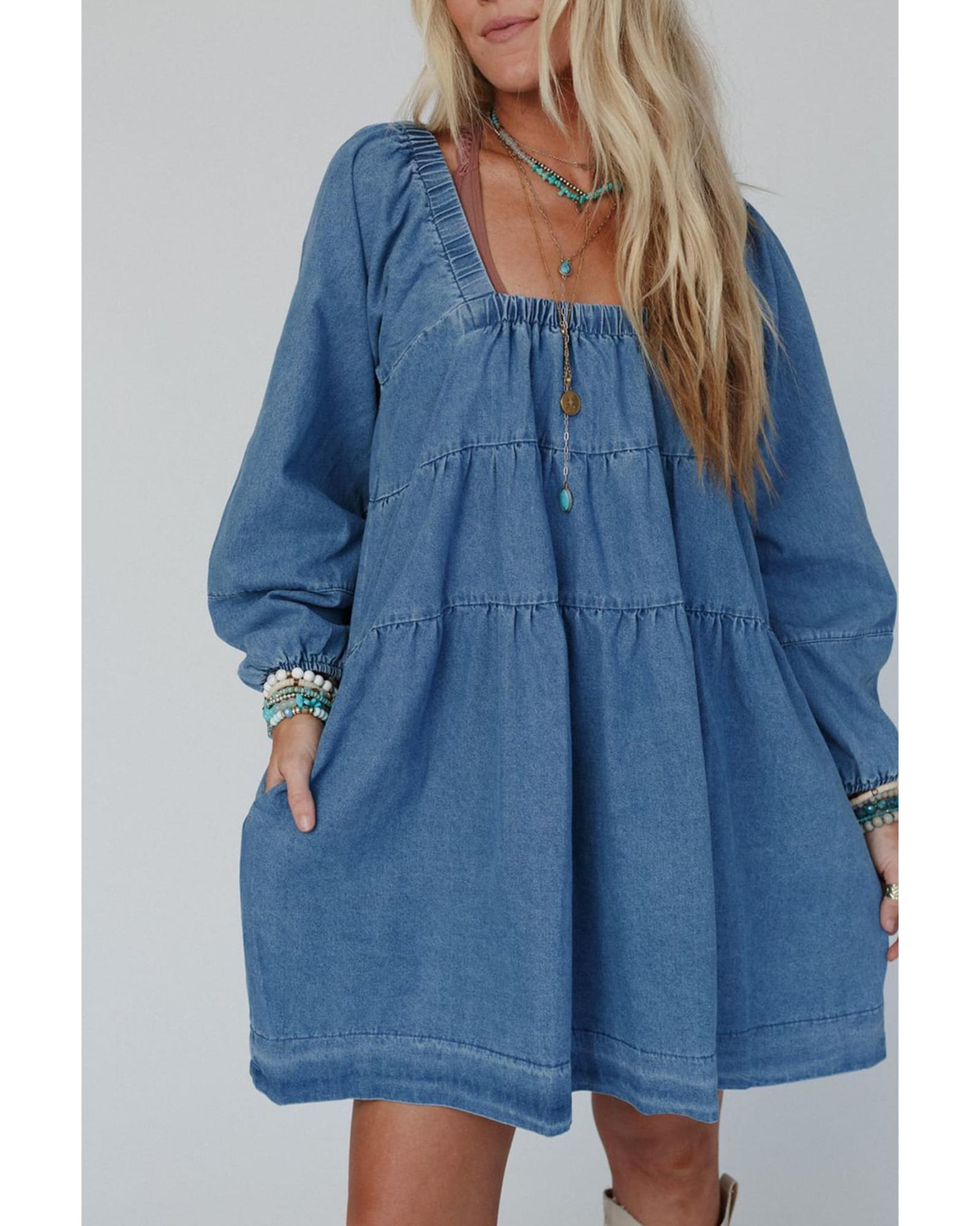 Dusk Blue Square Neck Side Pockets Loose Fit Denim Mini Dress - XL