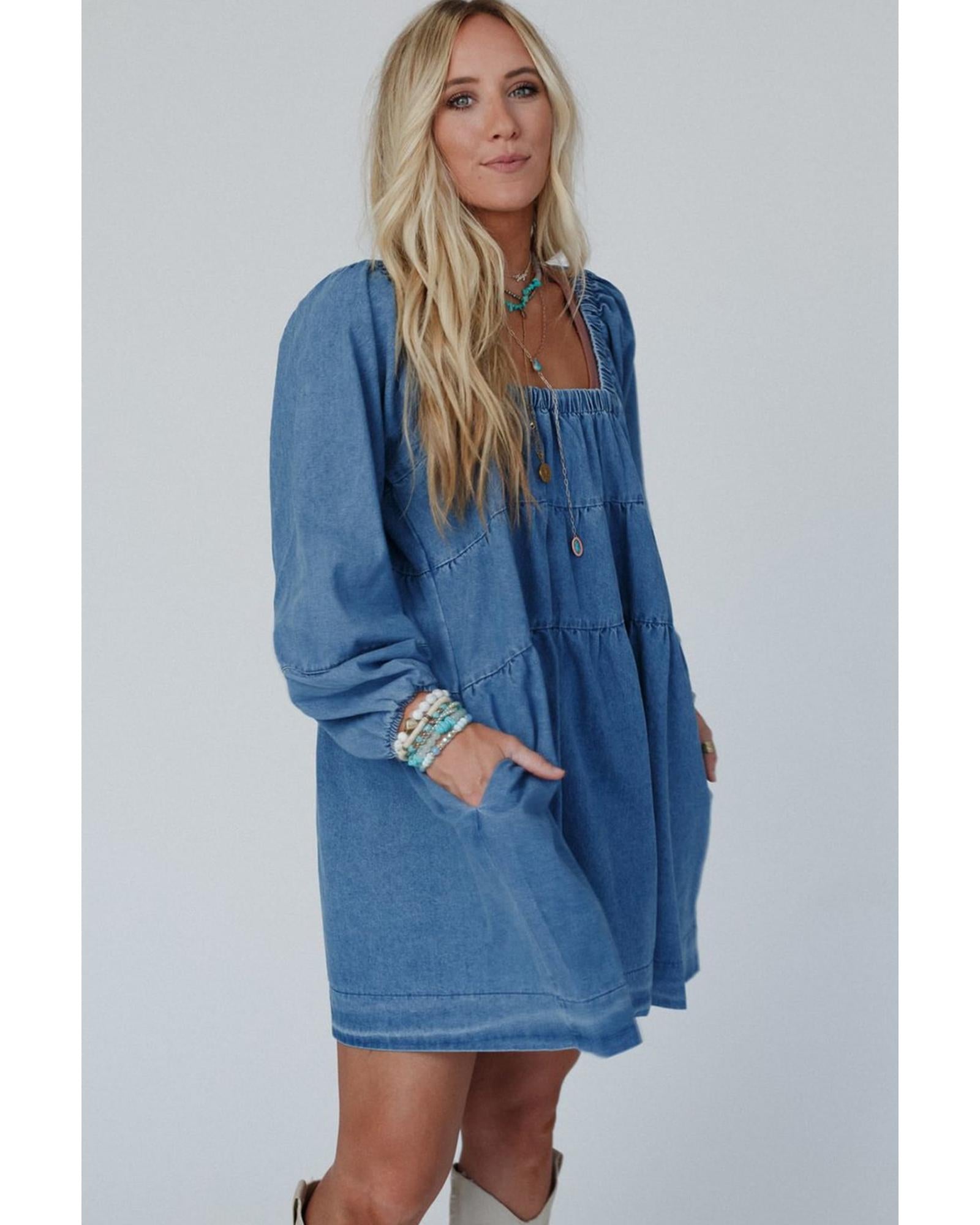 Dusk Blue Square Neck Side Pockets Loose Fit Denim Mini Dress - XL