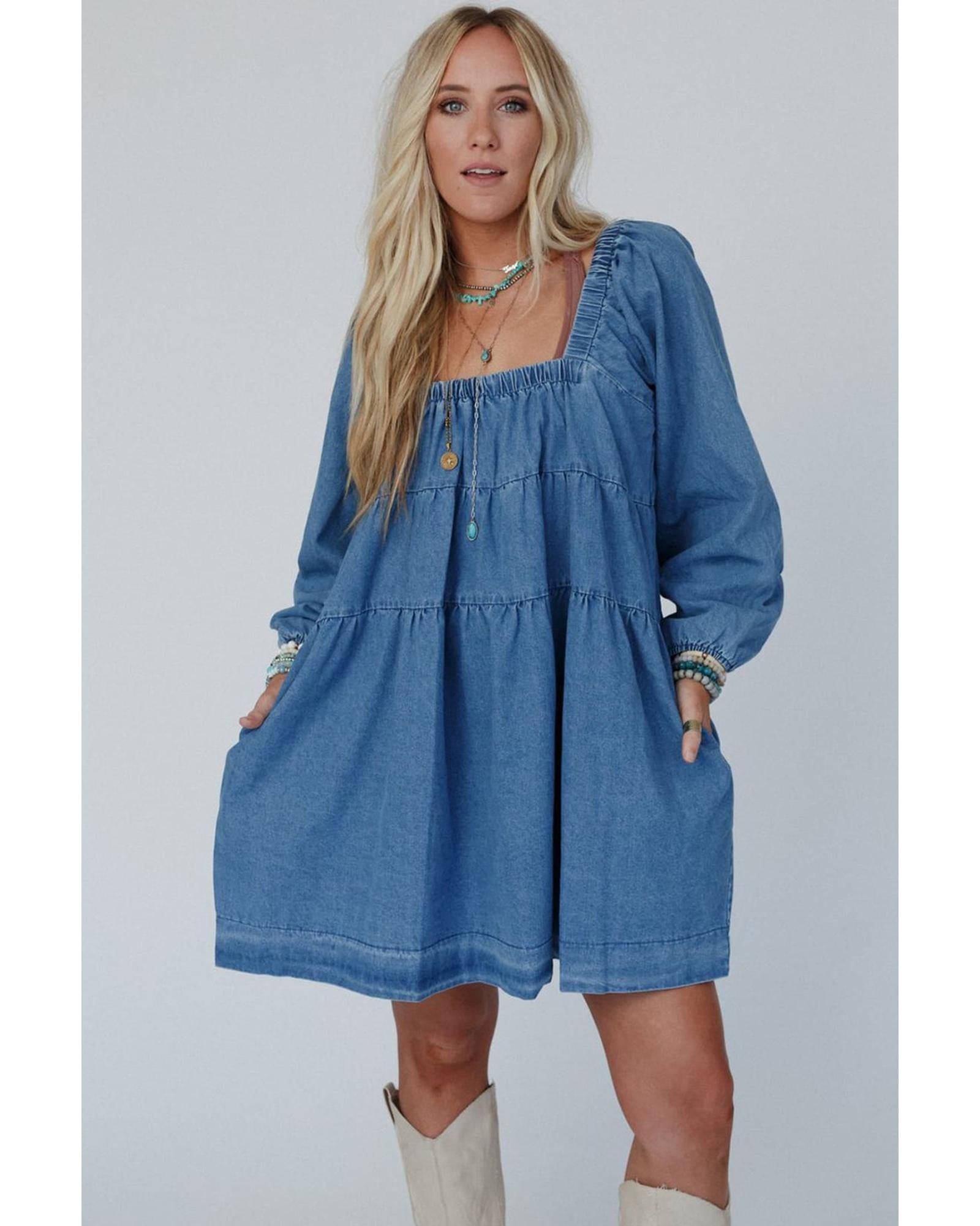 Dusk Blue Square Neck Side Pockets Loose Fit Denim Mini Dress - XL