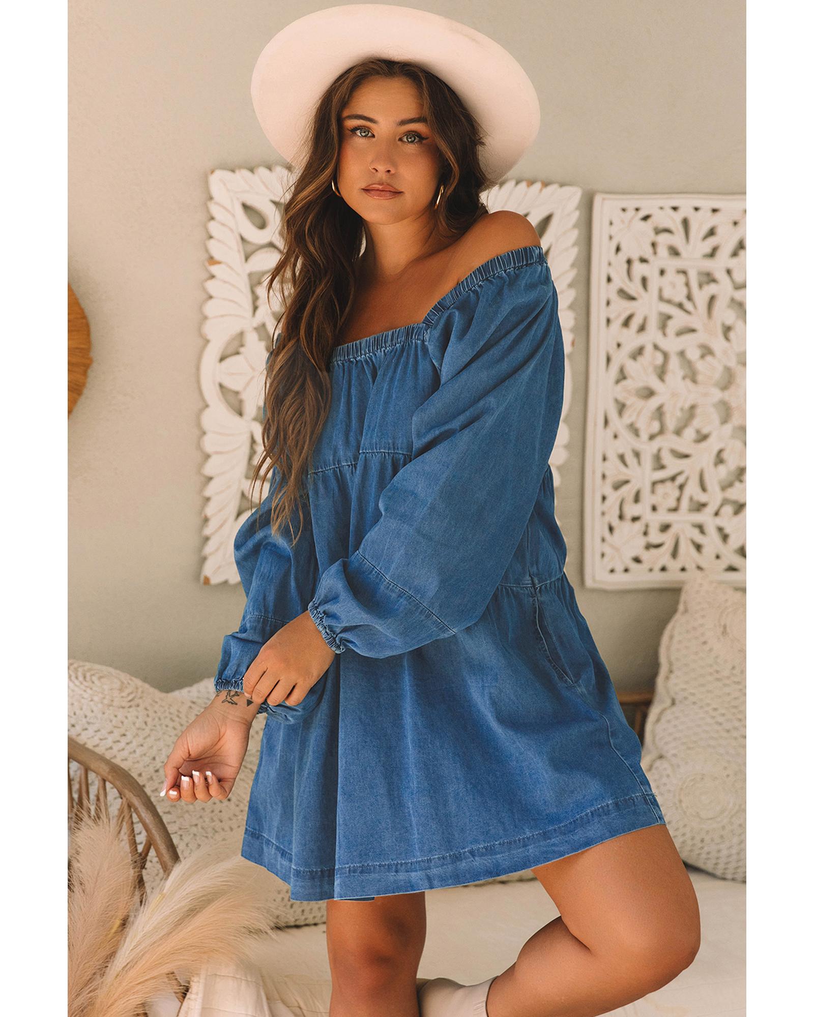 Dusk Blue Square Neck Side Pockets Loose Fit Denim Mini Dress - XL