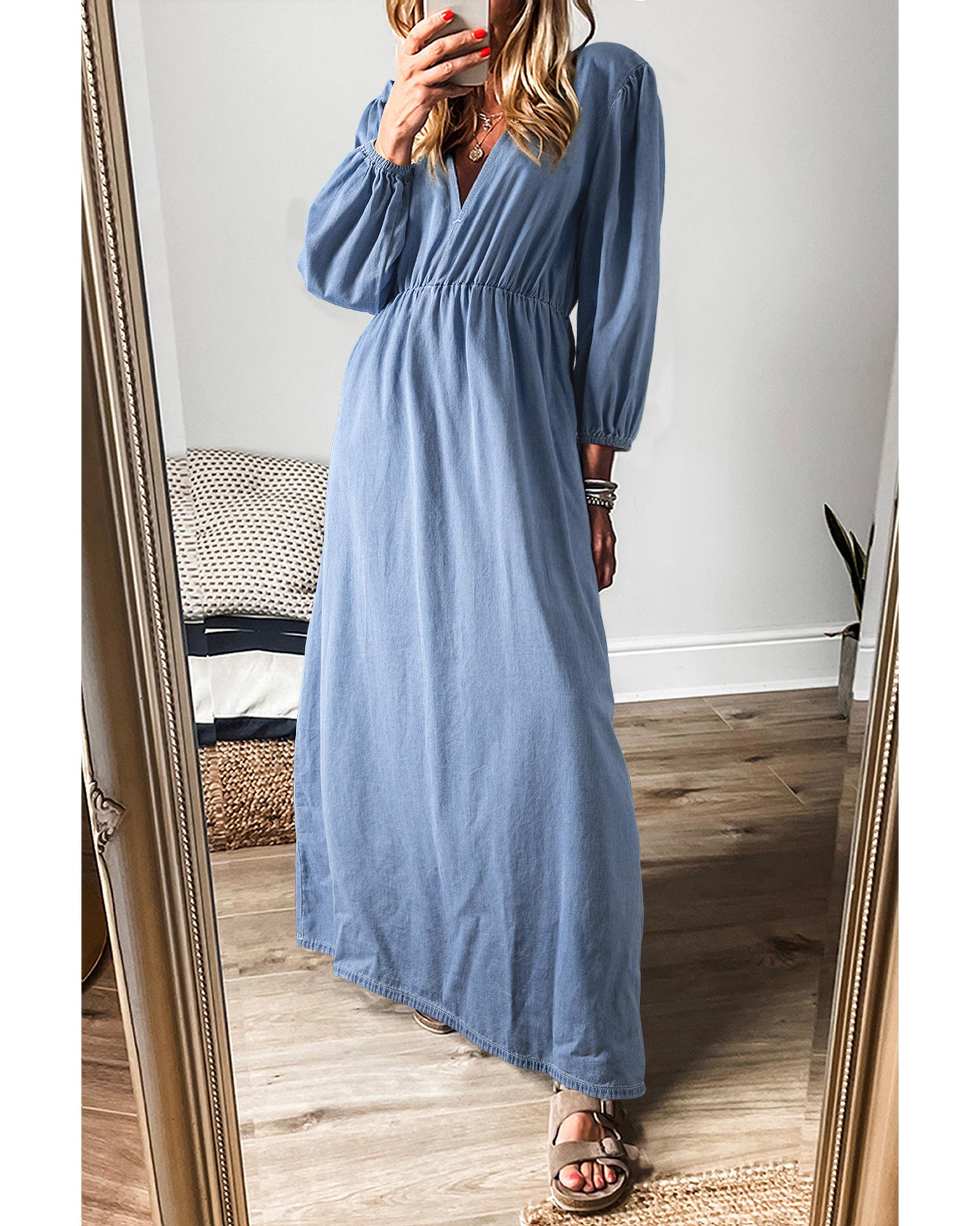 Myosotis Chambray Deep V Neck Bracelet Sleeve Maxi Dress - M