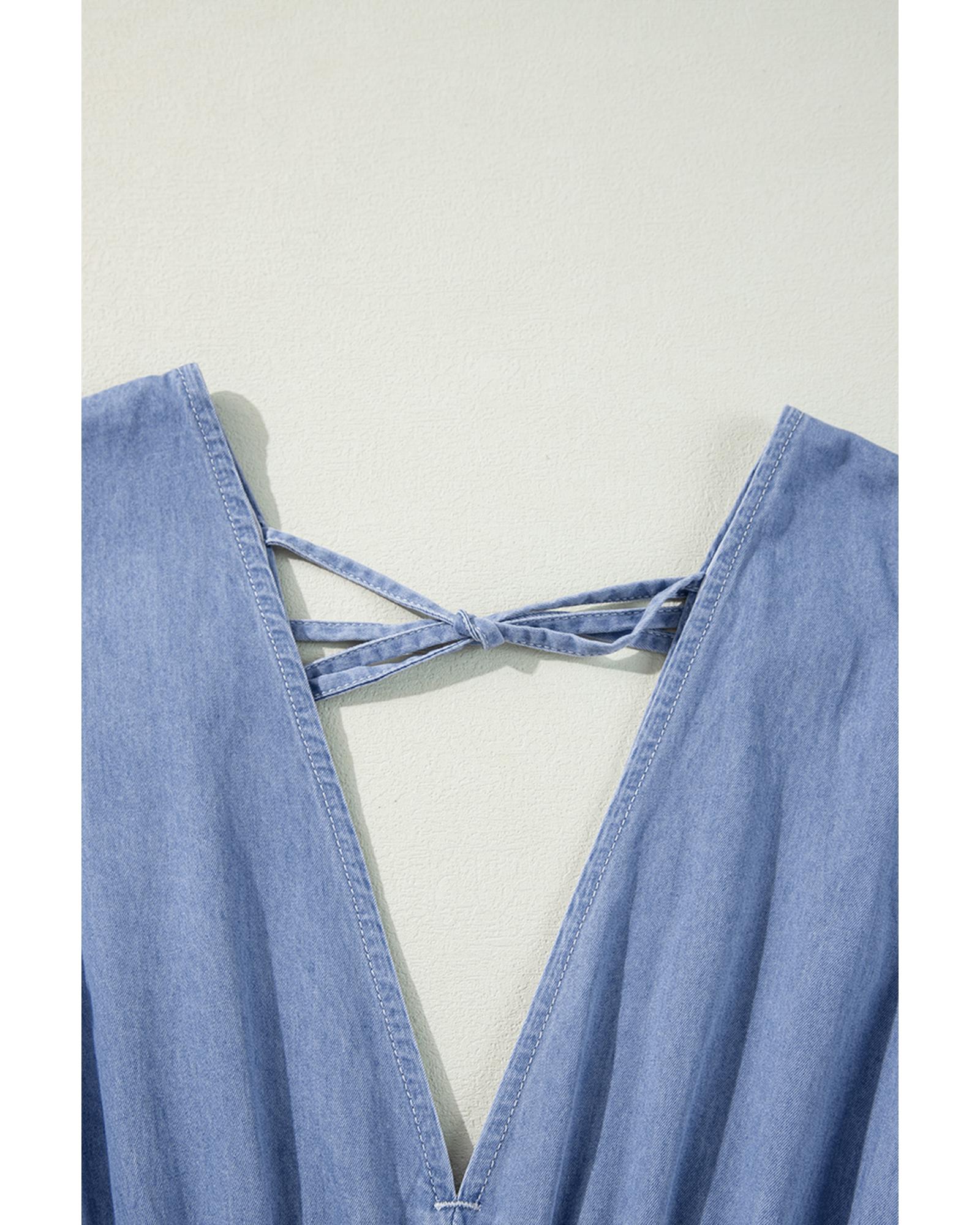 Myosotis Chambray Deep V Neck Bracelet Sleeve Maxi Dress - S