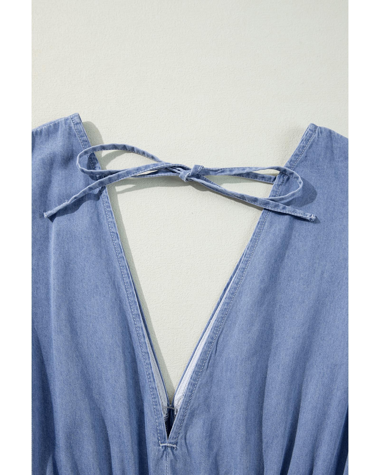 Myosotis Chambray Deep V Neck Bracelet Sleeve Maxi Dress - S