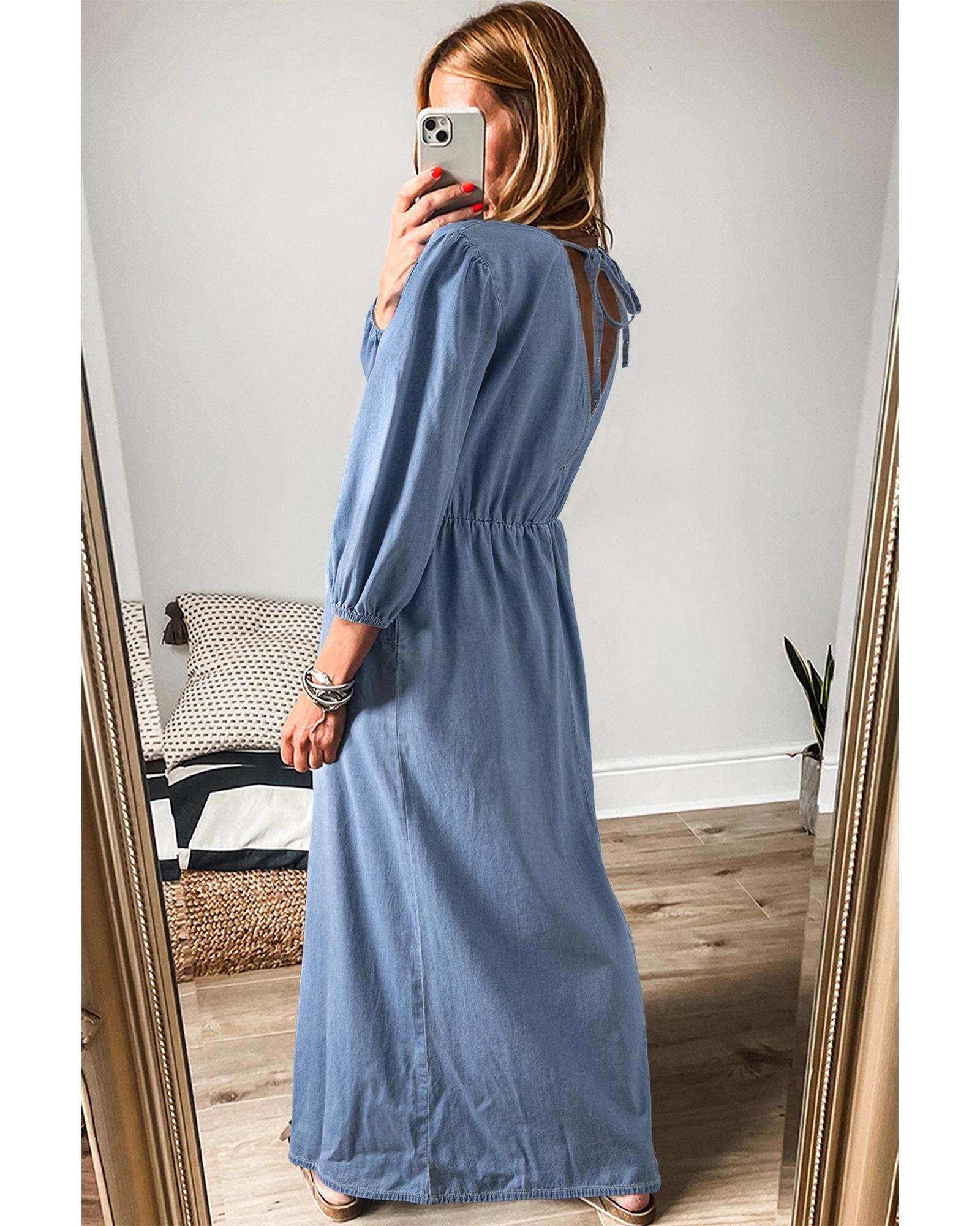 Myosotis Chambray Deep V Neck Bracelet Sleeve Maxi Dress - XL