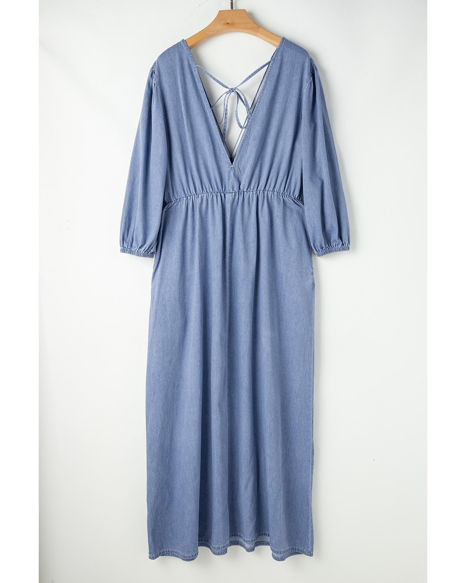 Myosotis Chambray Deep V Neck Bracelet Sleeve Maxi Dress - XL