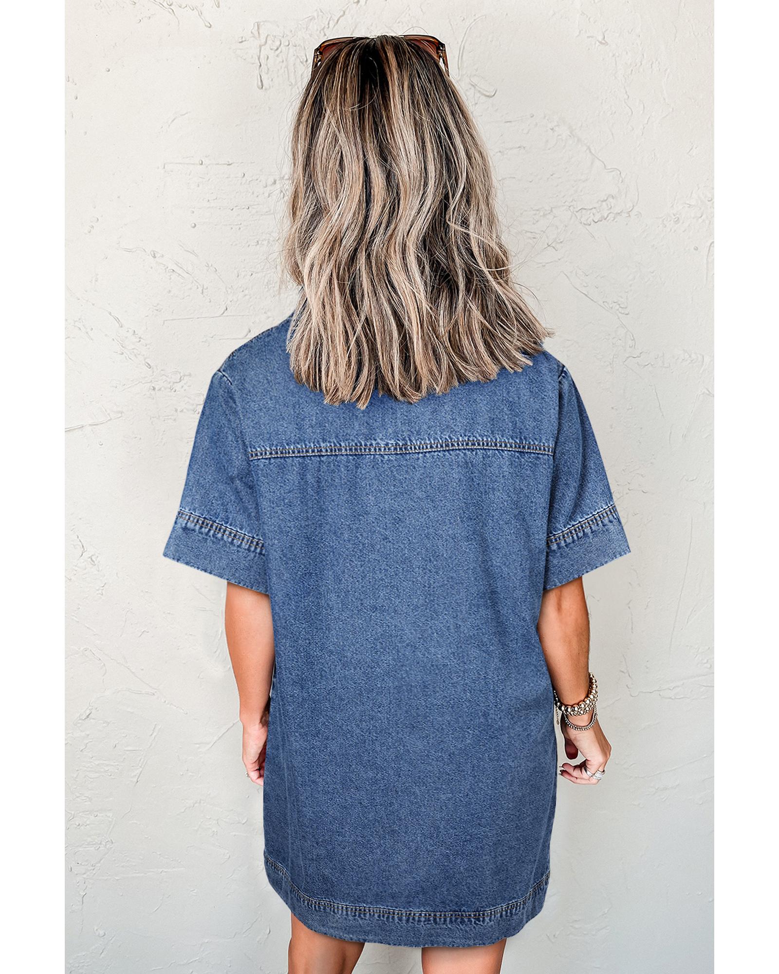 Blue Short Sleeve Collared Patched Pocket Denim Mini Dress - L