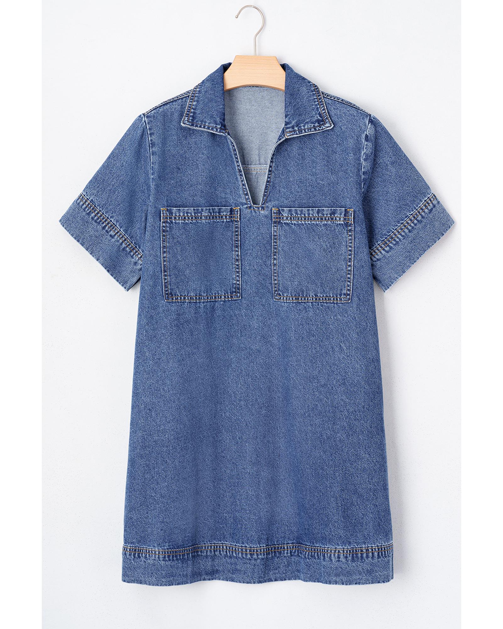 Blue Short Sleeve Collared Patched Pocket Denim Mini Dress - L