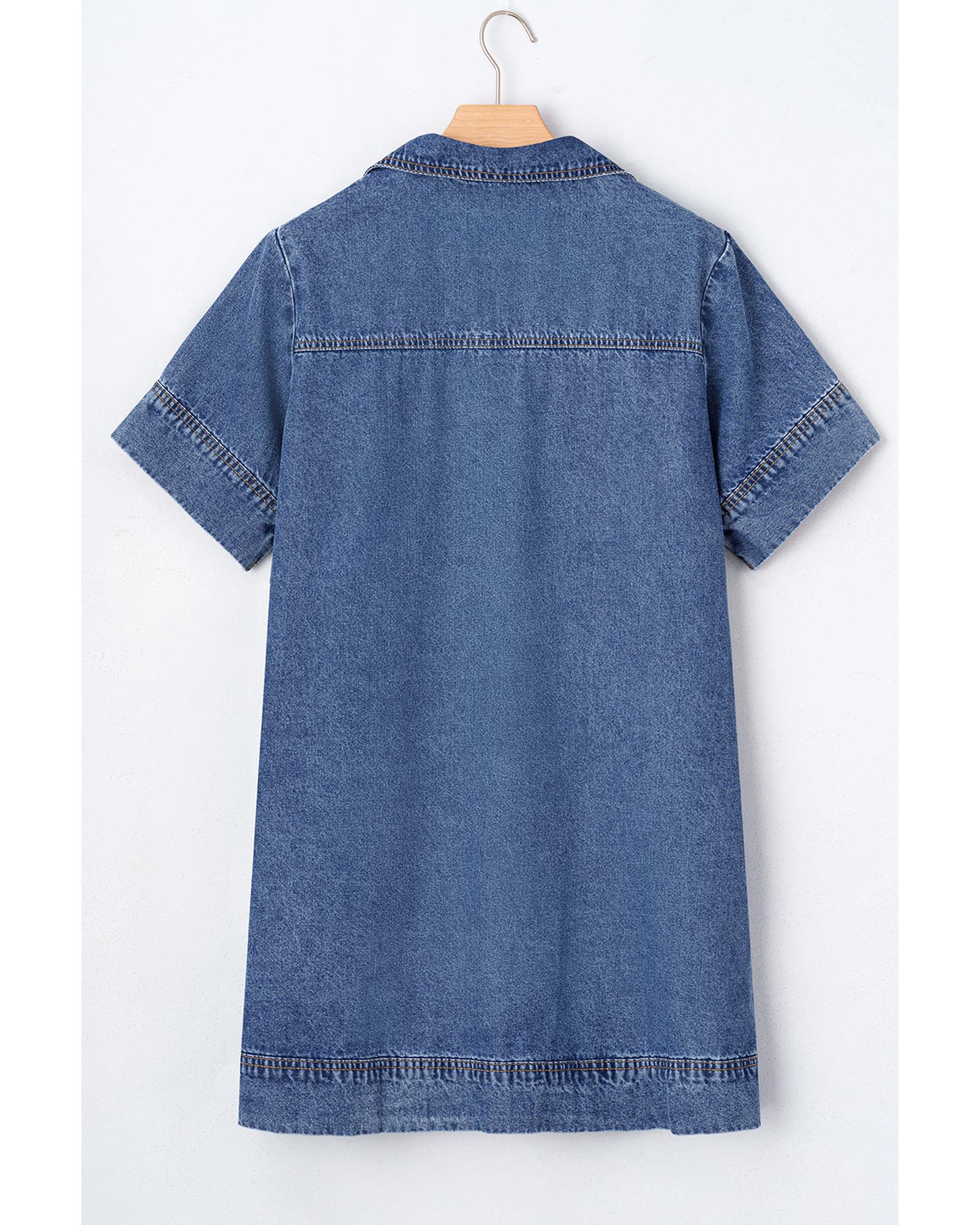 Blue Short Sleeve Collared Patched Pocket Denim Mini Dress - L