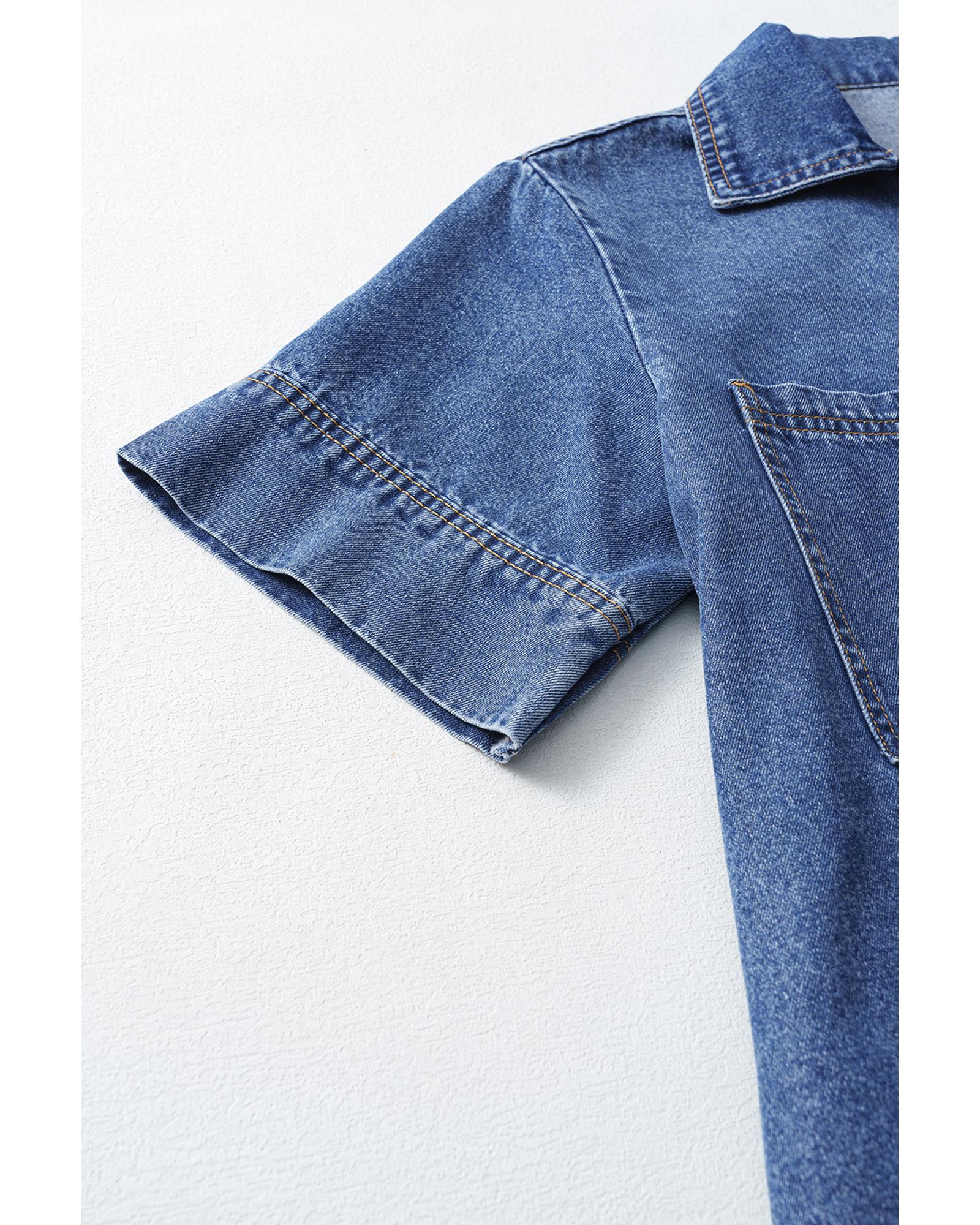 Blue Short Sleeve Collared Patched Pocket Denim Mini Dress - L