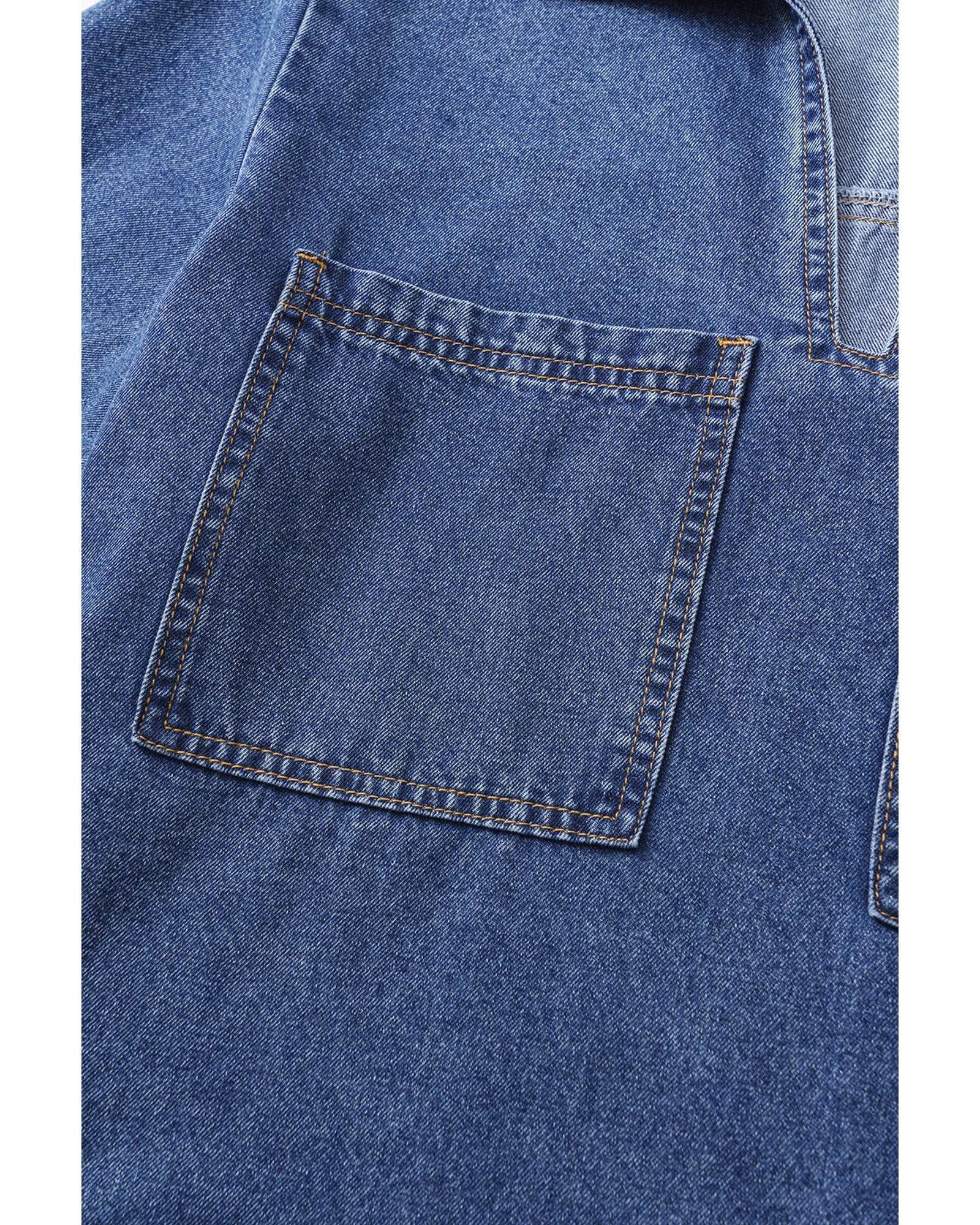 Blue Short Sleeve Collared Patched Pocket Denim Mini Dress - L