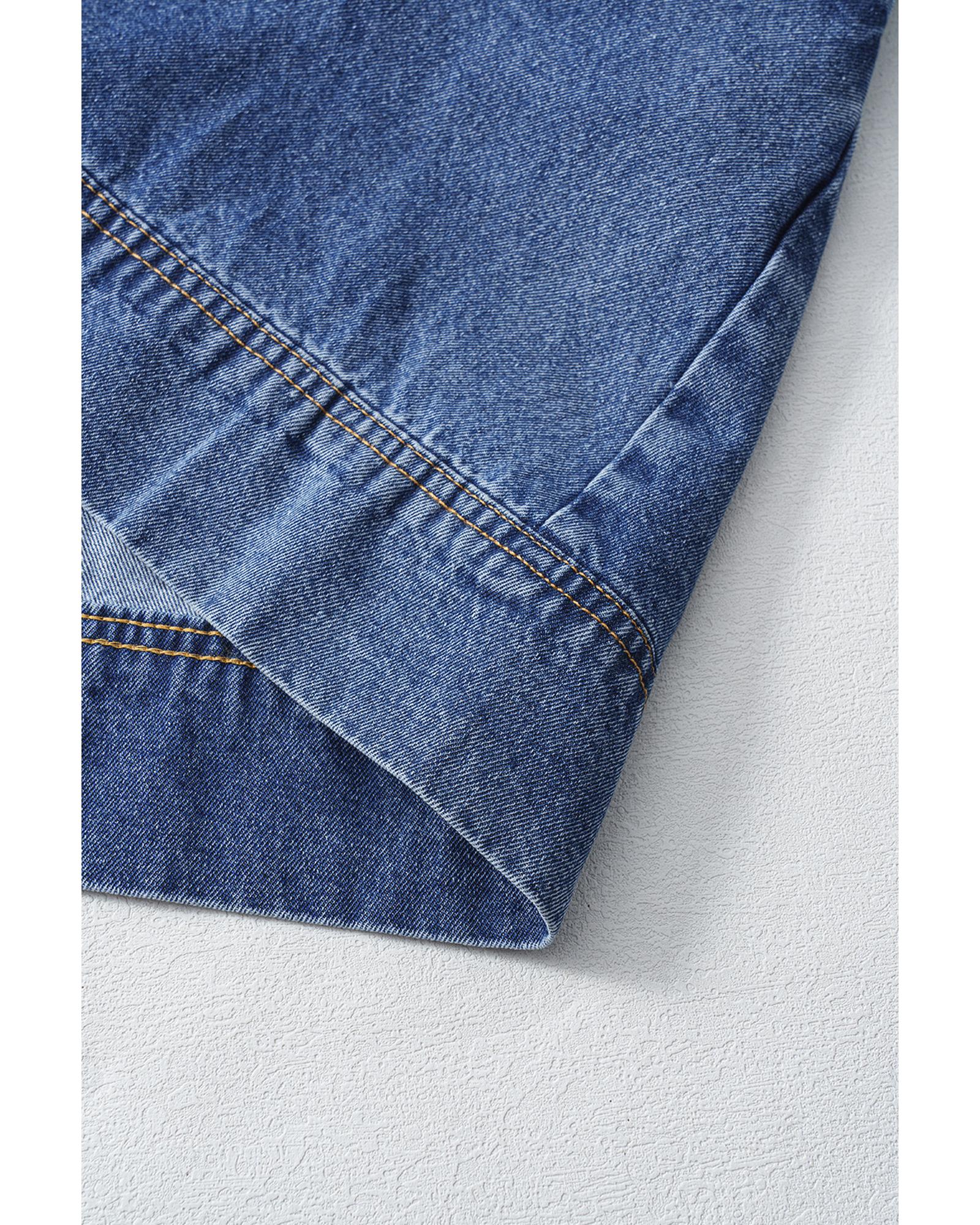 Blue Short Sleeve Collared Patched Pocket Denim Mini Dress - M