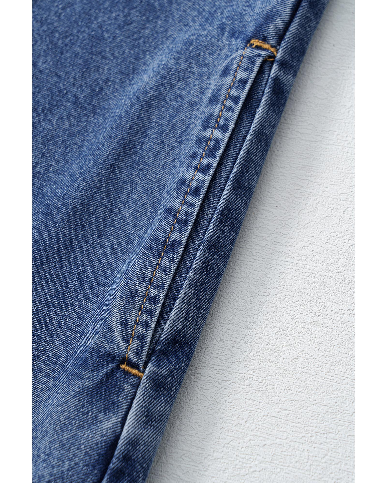 Blue Short Sleeve Collared Patched Pocket Denim Mini Dress - M