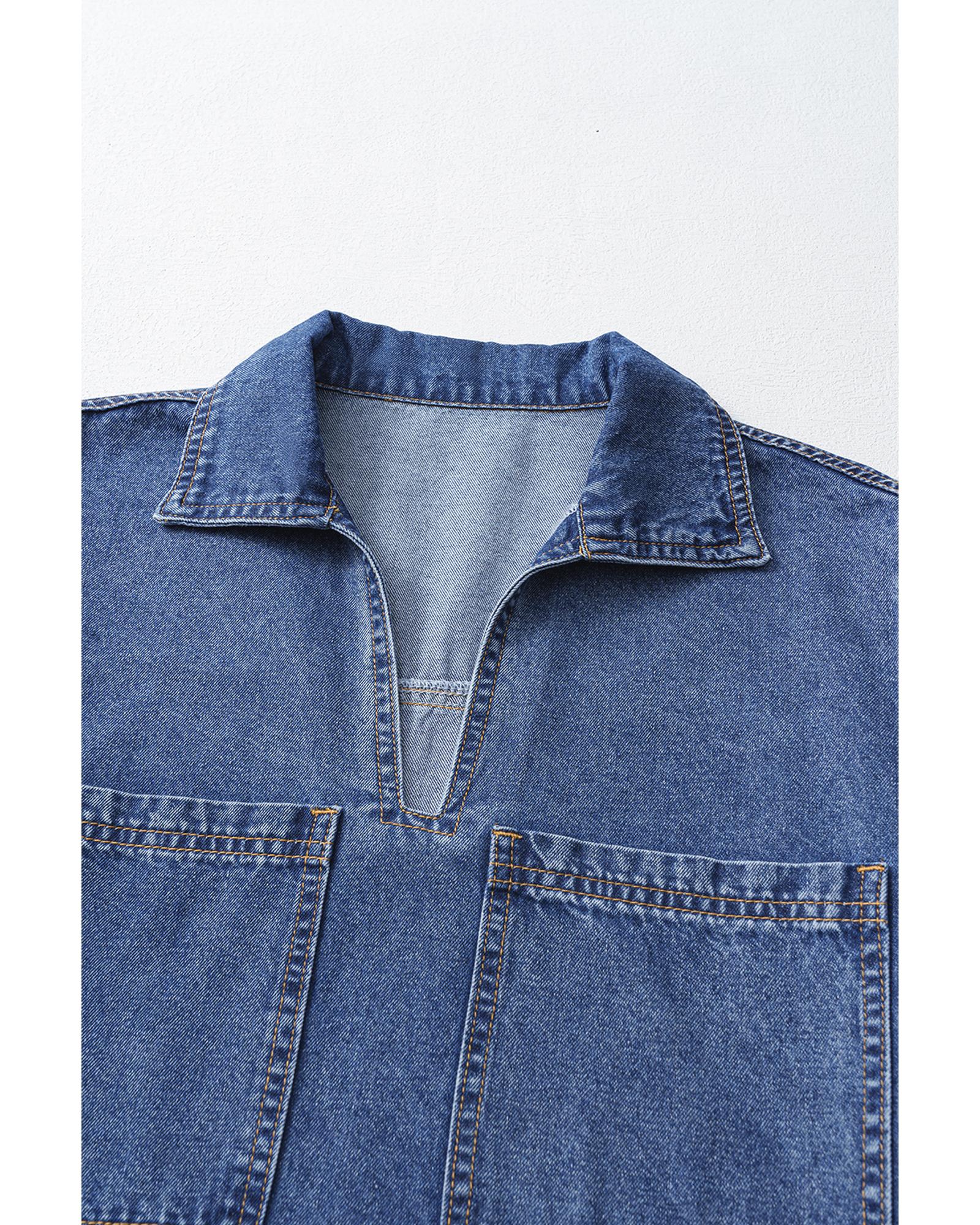 Blue Short Sleeve Collared Patched Pocket Denim Mini Dress - M