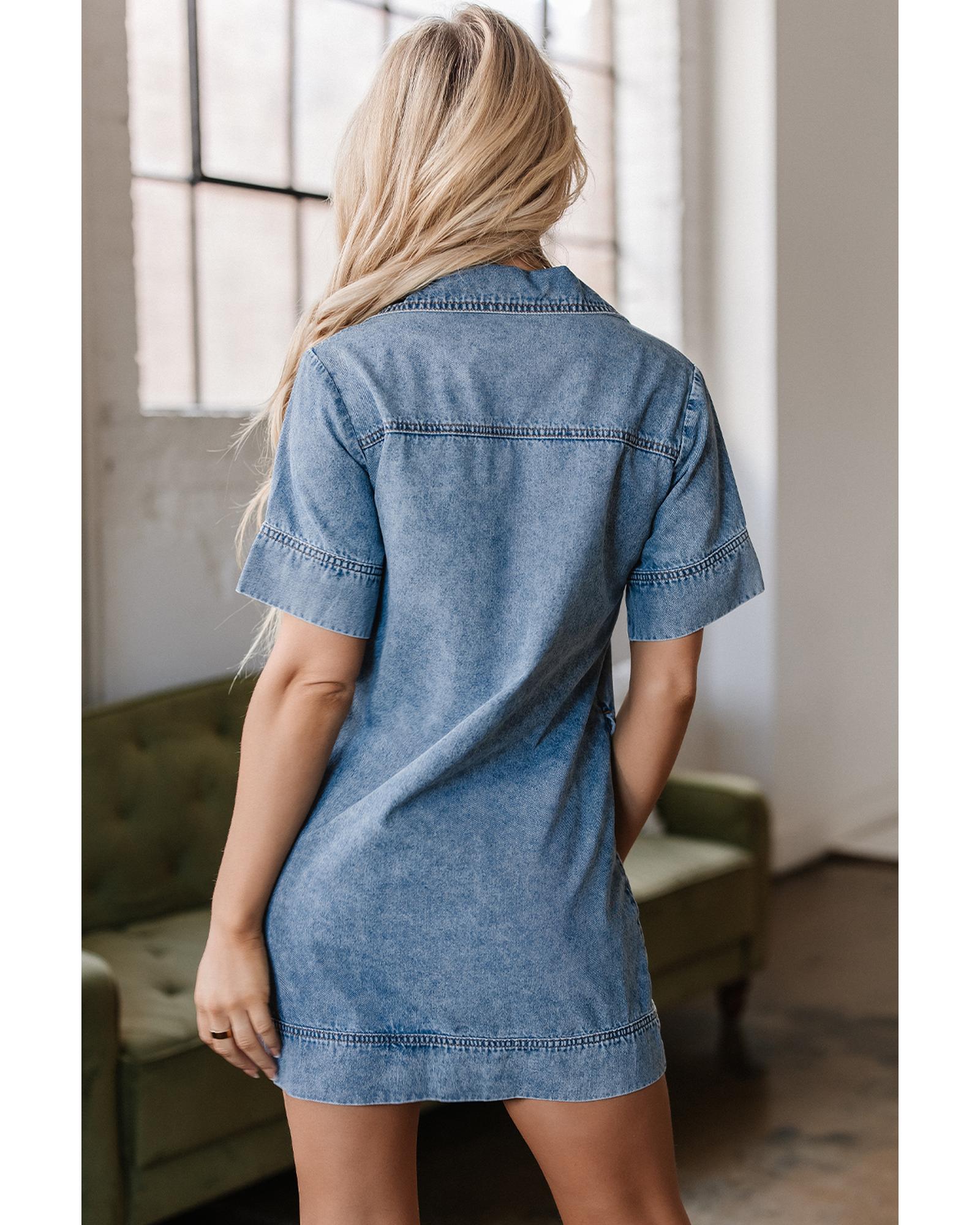 Beau Blue Short Sleeve Collared Patched Pocket Denim Mini Dress - M