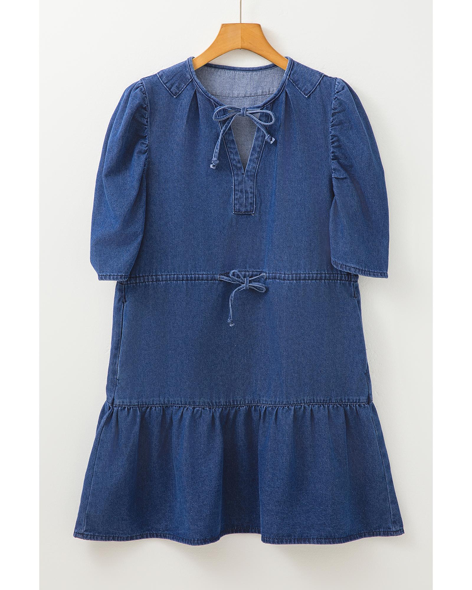 Blue Drawstring High Waist Puff Sleeve Denim Mini Dress - L