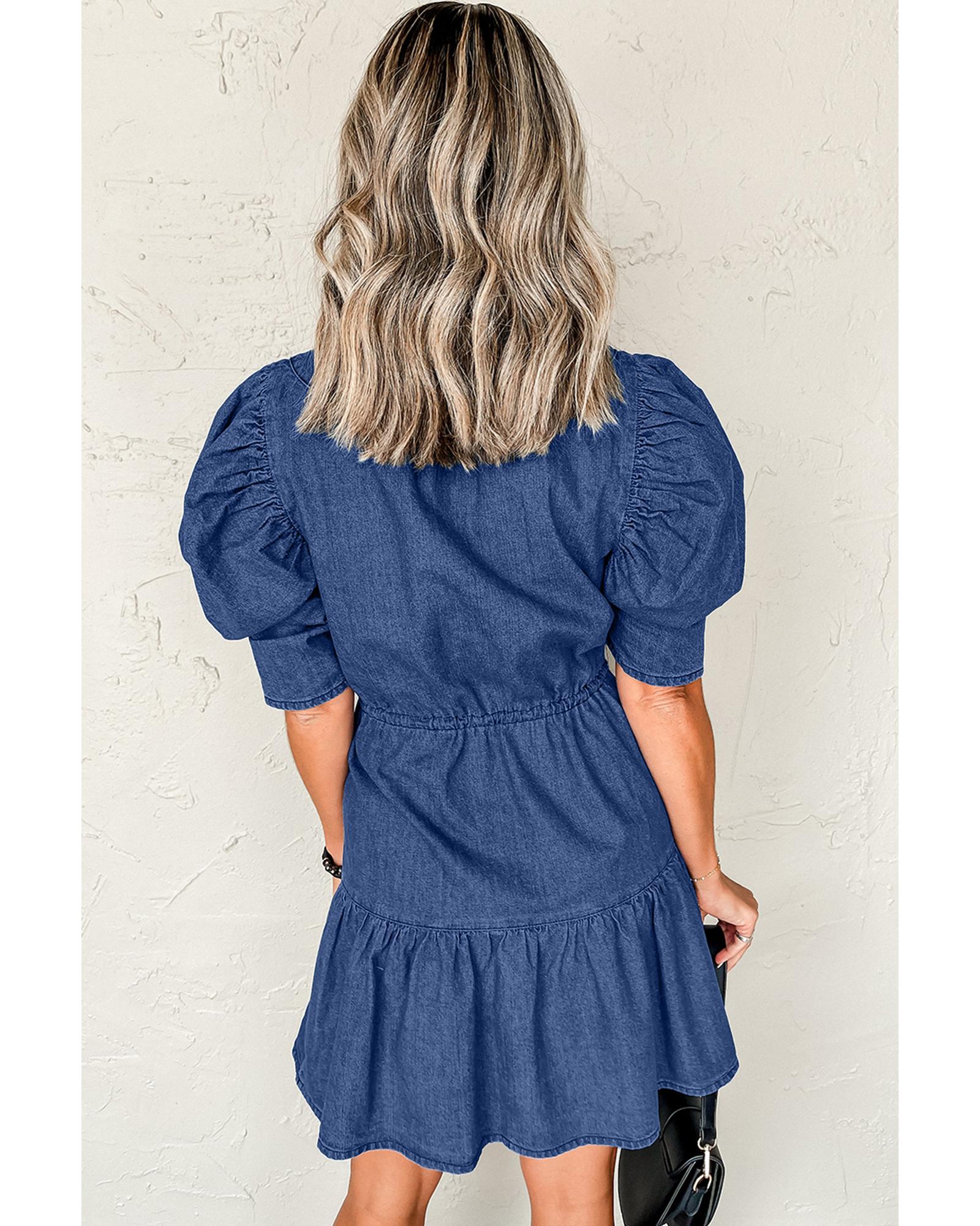 Blue Drawstring High Waist Puff Sleeve Denim Mini Dress - XL