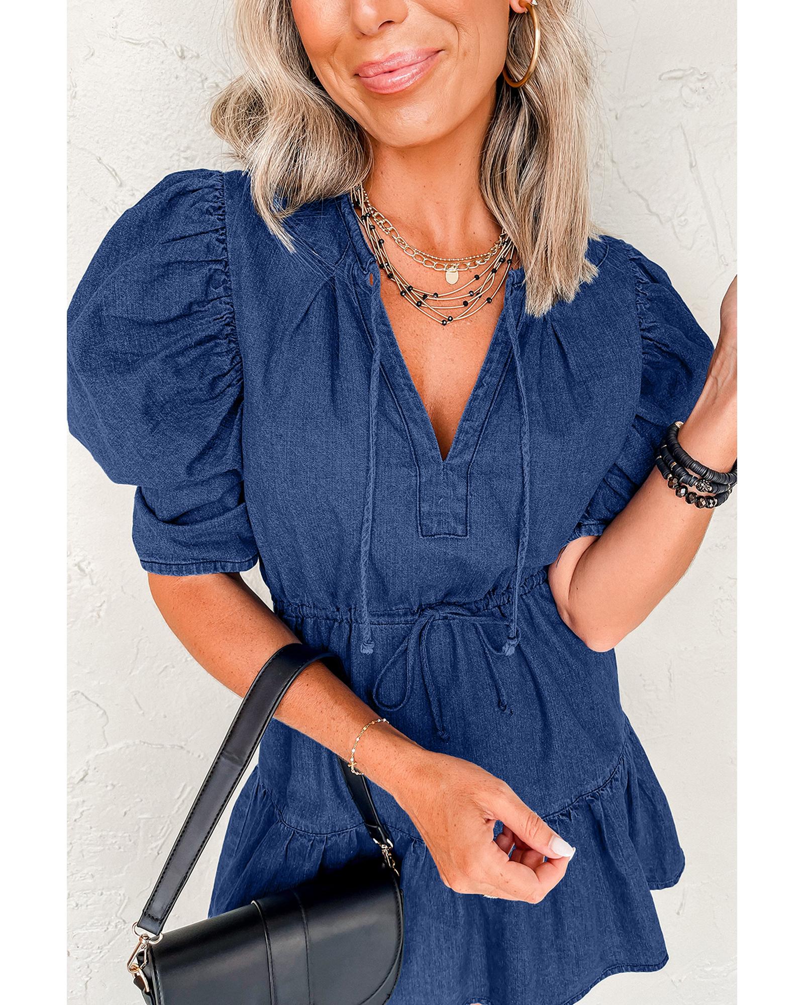 Blue Drawstring High Waist Puff Sleeve Denim Mini Dress - XL