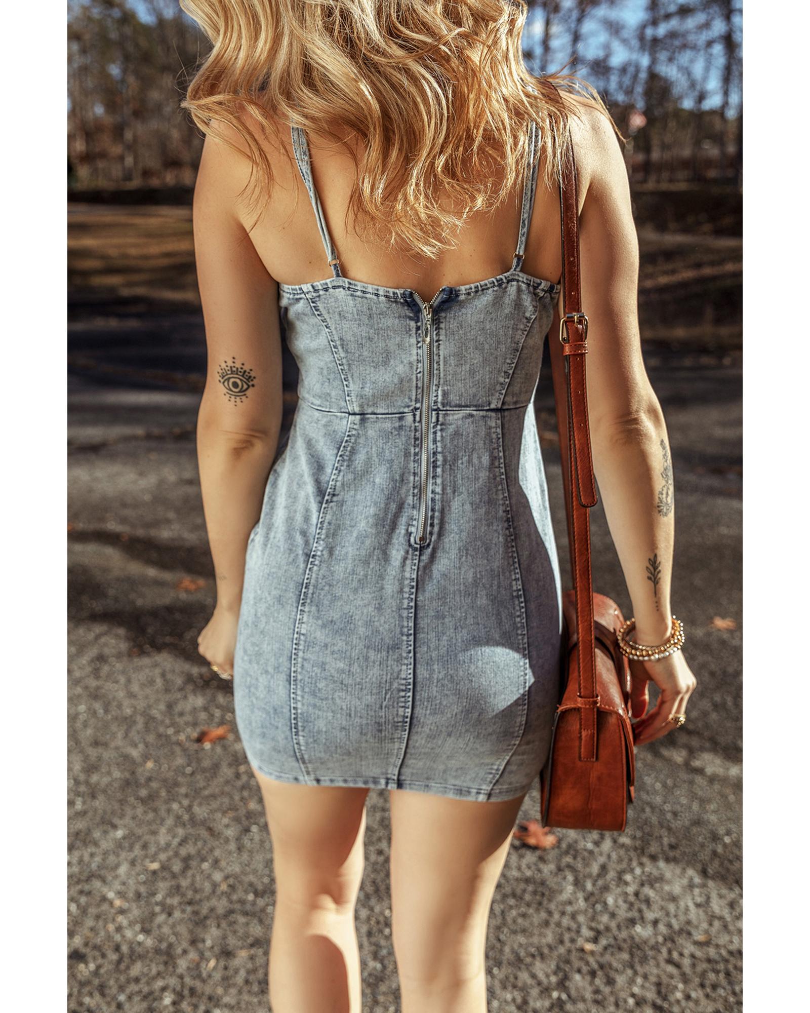 Beau Blue Sleeveless V Neck Back Zipped Denim Dress - L