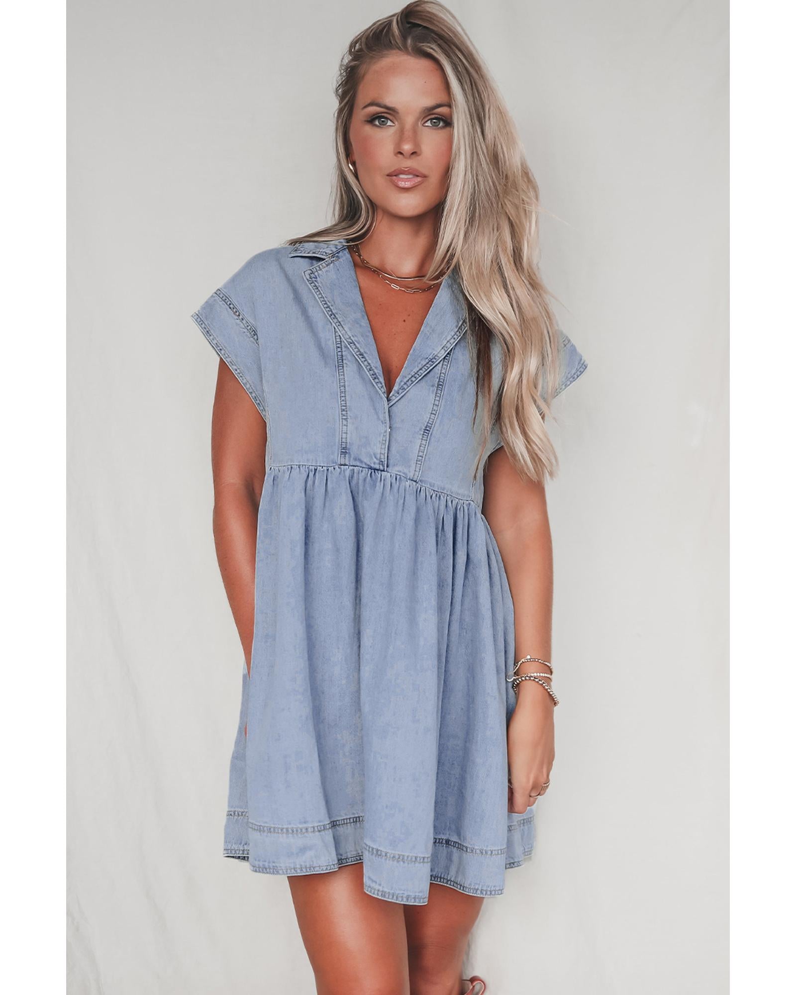 Beau Blue Lapel Neck Cap Sleeve High Waist Denim Babydoll Dress - L