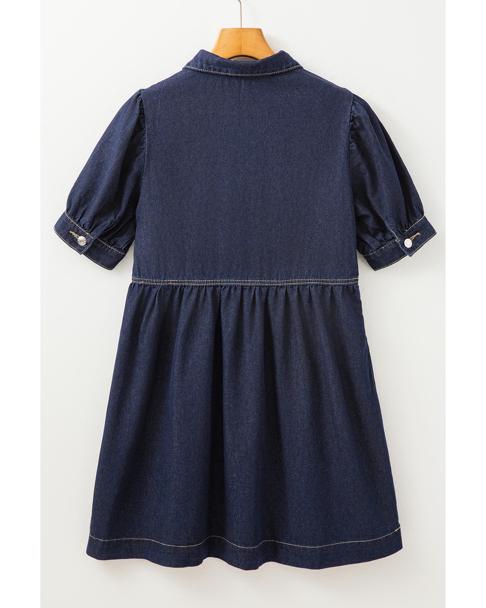 Dirty blue Zipped up Bodice Collared Short Puff Sleeve Denim Dress - L