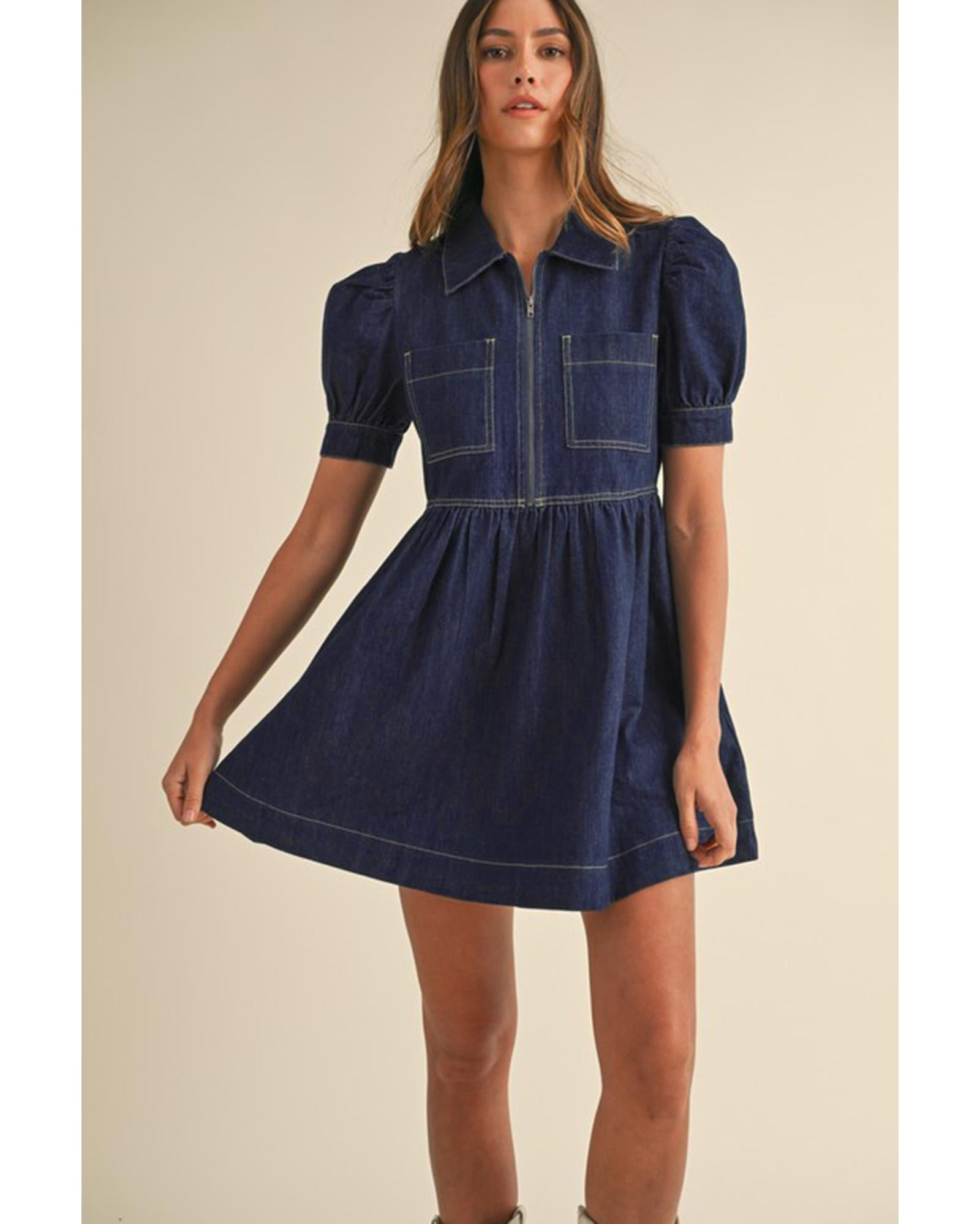 Dirty blue Zipped up Bodice Collared Short Puff Sleeve Denim Dress - L